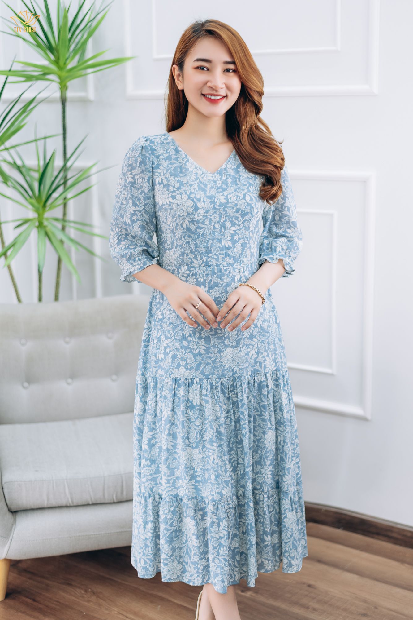 Đầm maxi - Cổ tim tay lỡ - CD - Xanh hoa trắng - TTV1396