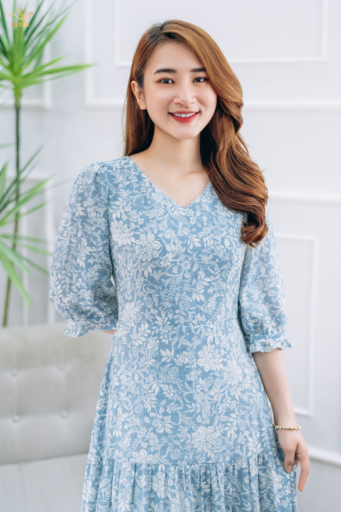 Đầm maxi - Cổ tim tay lỡ - CD - Xanh hoa trắng - TTV1396