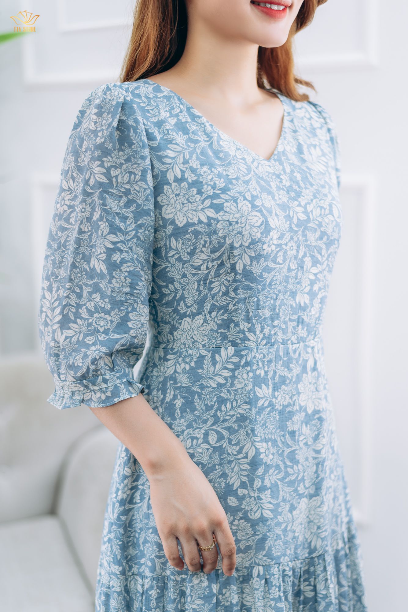 Đầm maxi - Cổ tim tay lỡ - CD - Xanh hoa trắng - TTV1396