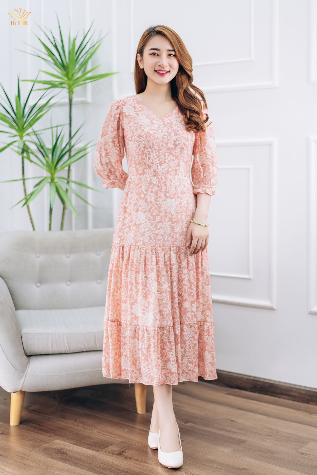 Đầm maxi - Cổ tim tay lỡ - CD - Hồng hoa trắng - TTV1396