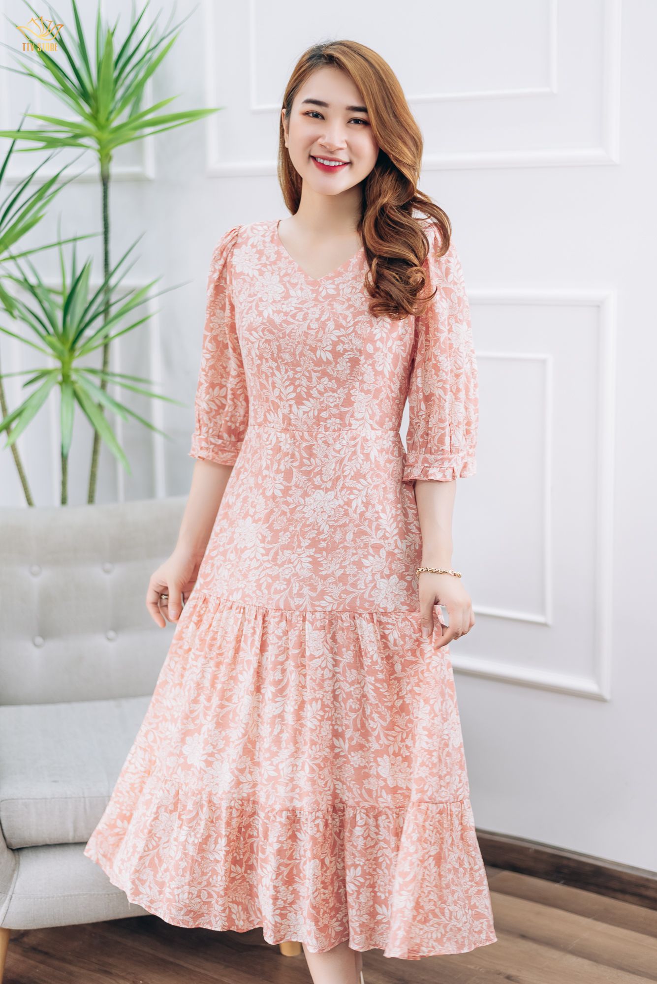 Đầm maxi - Cổ tim tay lỡ - CD - Hồng hoa trắng - TTV1396