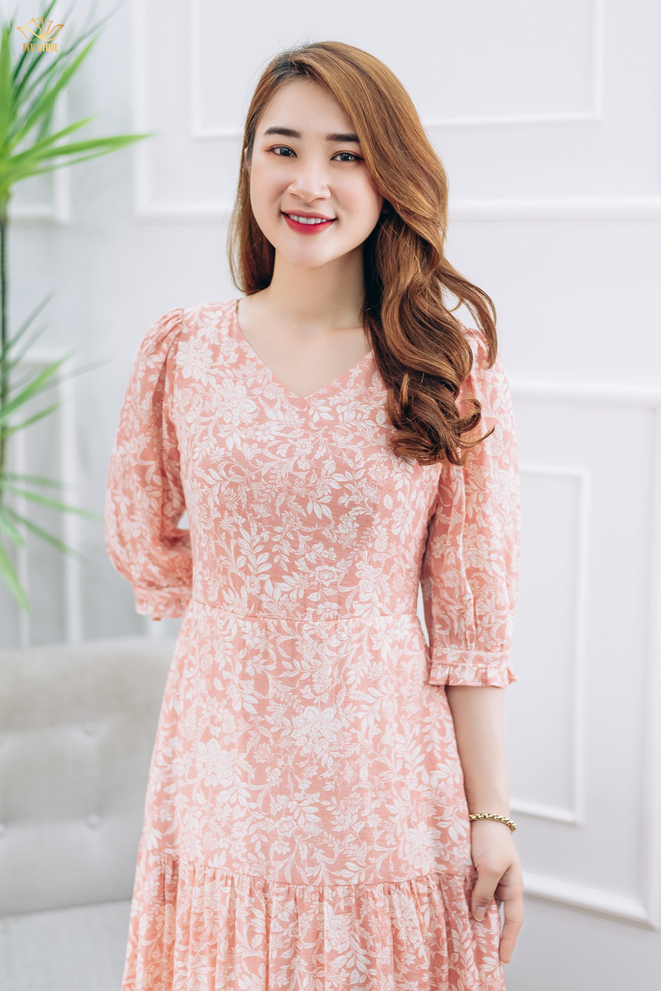 Đầm maxi - Cổ tim tay lỡ - CD - Hồng hoa trắng - TTV1396