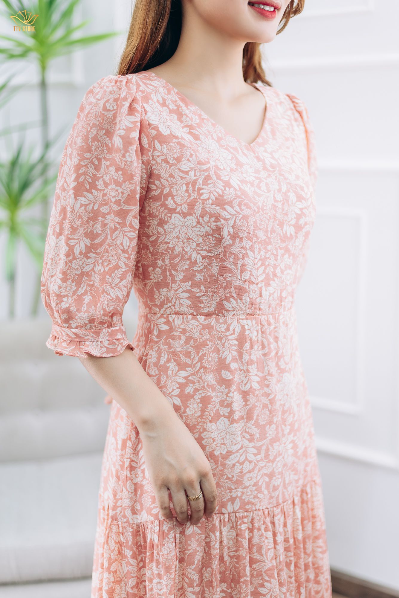 Đầm maxi - Cổ tim tay lỡ - CD - Hồng hoa trắng - TTV1396