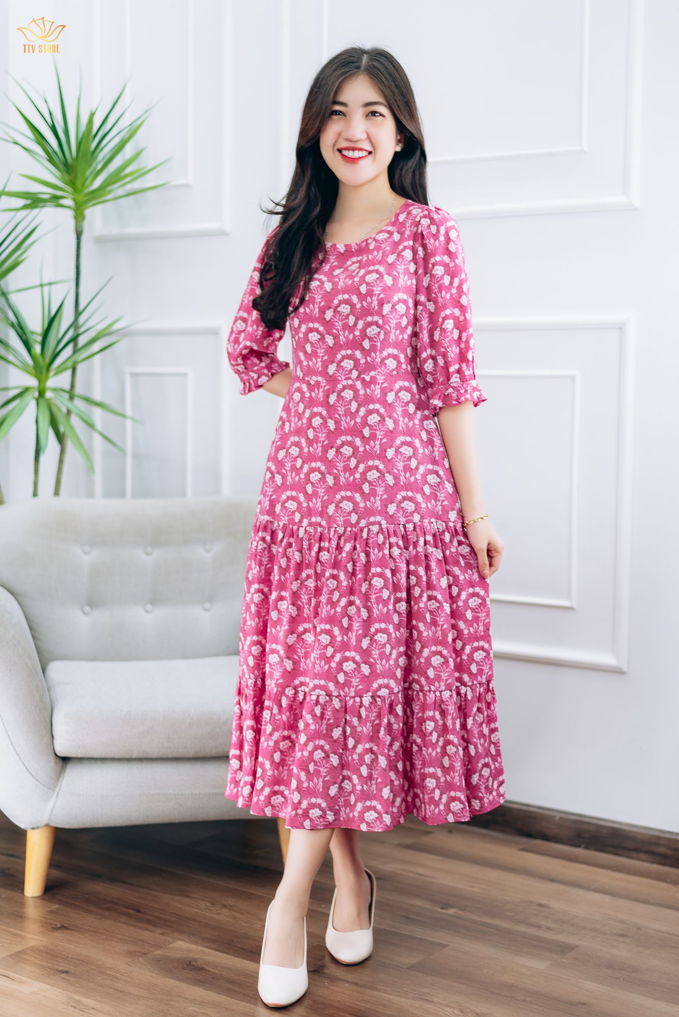 Đầm maxi - Cổ tròn tay lỡ - CD - Hồng hoa trắng - TTV1416