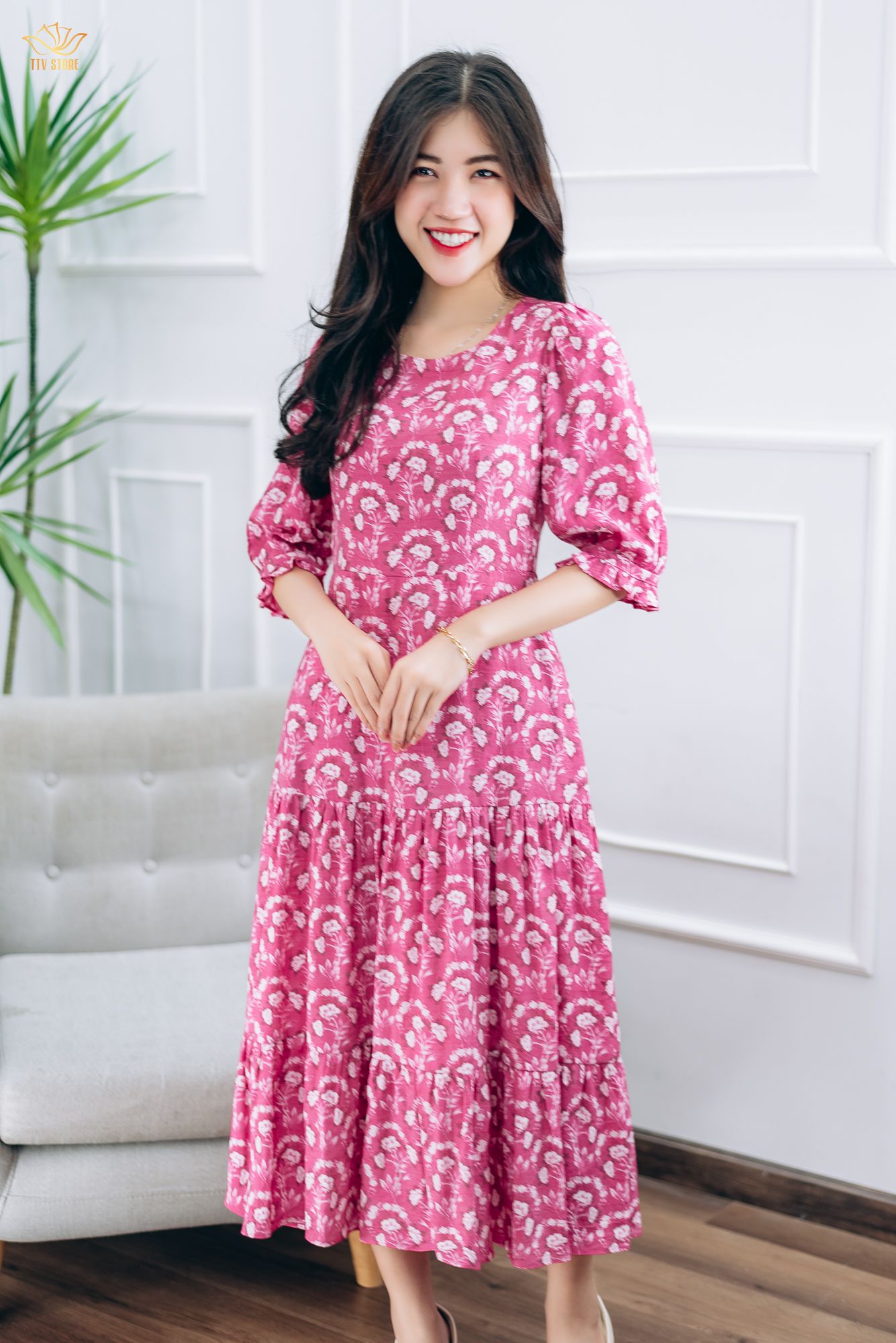 Đầm maxi - Cổ tròn tay lỡ - CD - Hồng hoa trắng - TTV1416