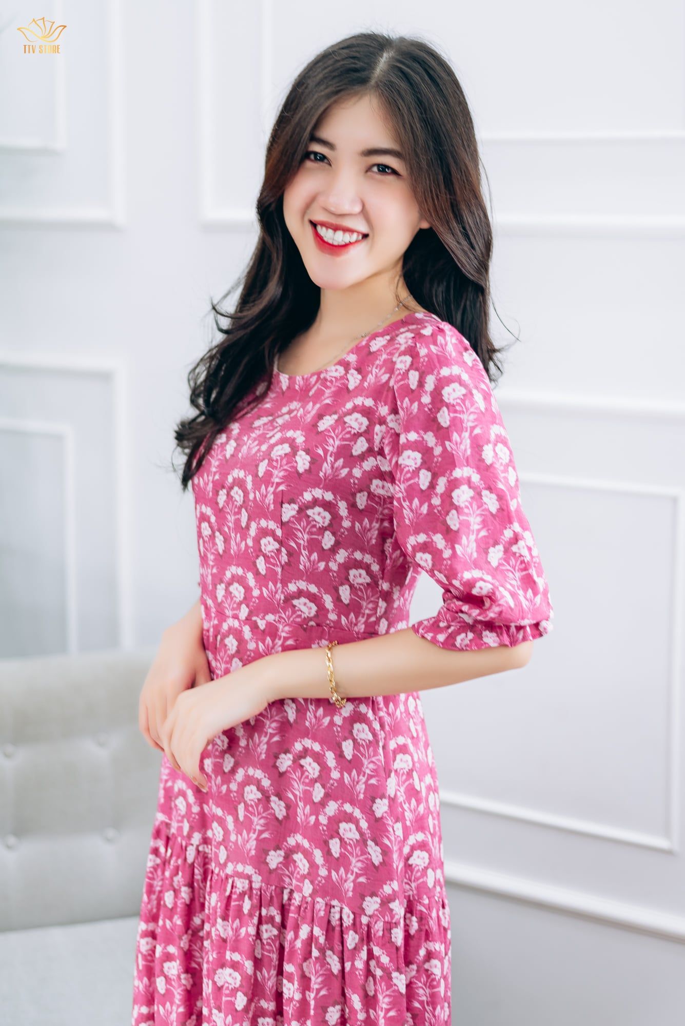 Đầm maxi - Cổ tròn tay lỡ - CD - Hồng hoa trắng - TTV1416