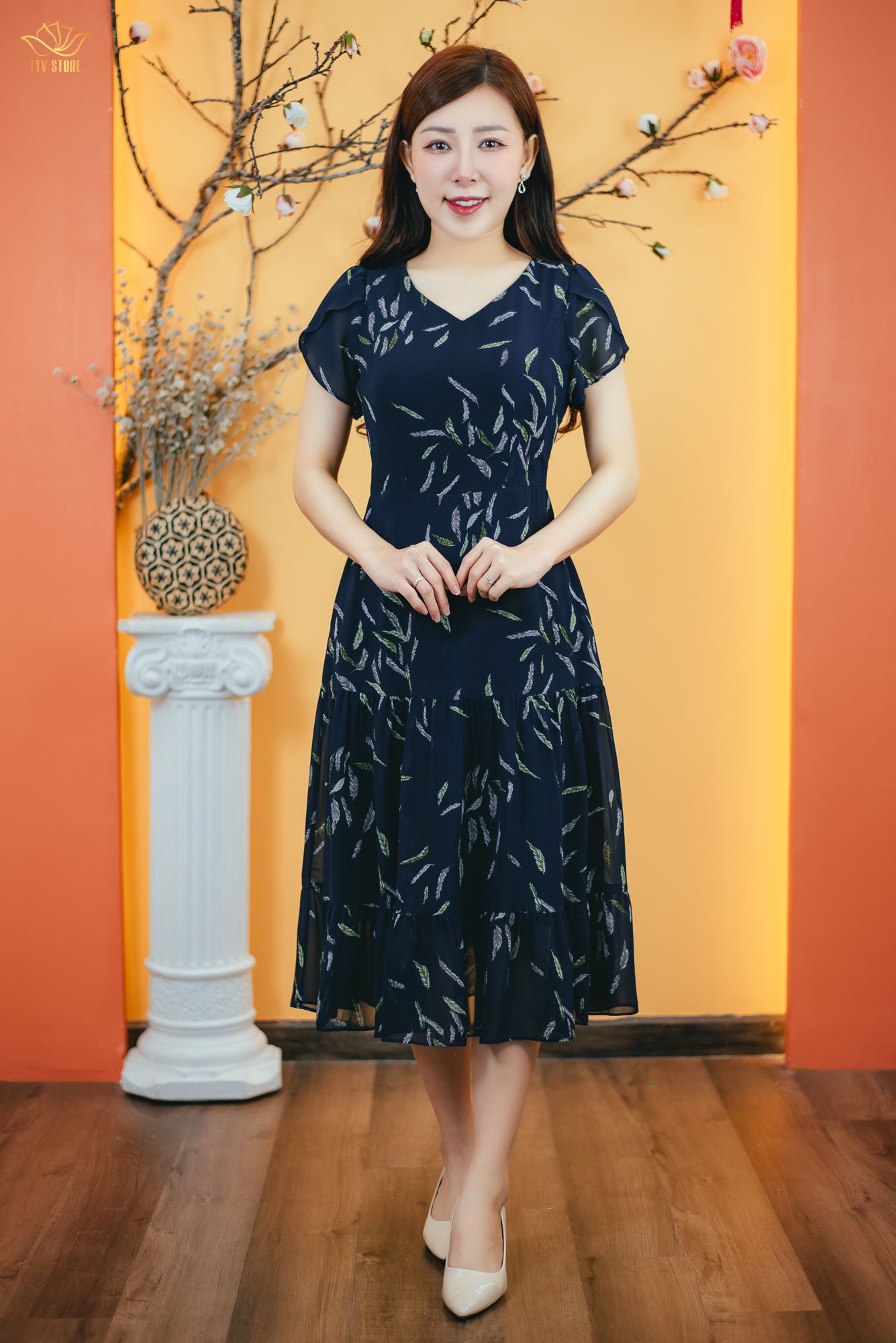 Đầm maxi - Cổ tim tay búp - CD - Xanh họa tiết - TTV1676