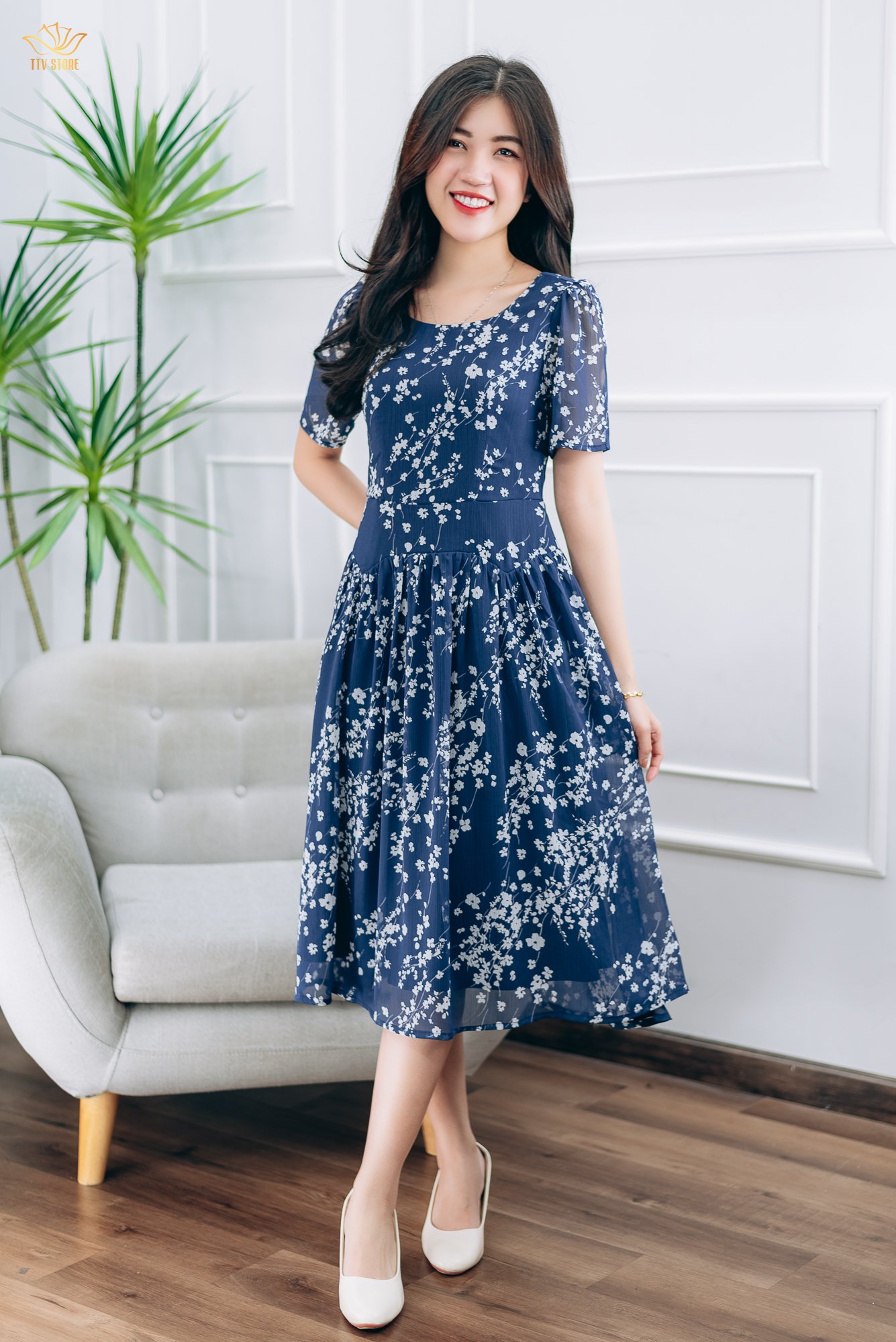Đầm maxi - Cổ tròn tay ngắn - CT - Xanh hoa trắng - TTV1424