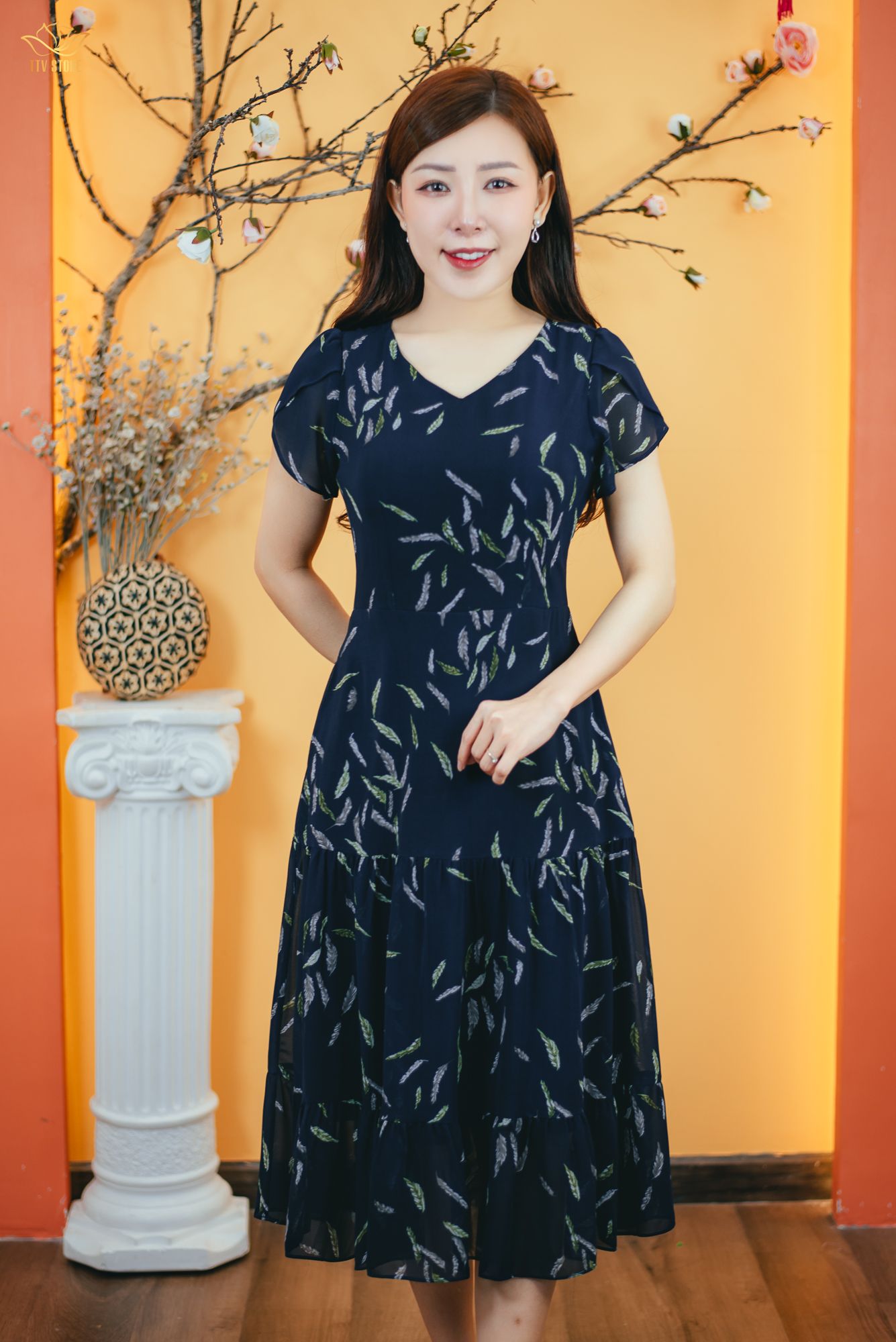 Đầm maxi - Cổ tim tay búp - CD - Xanh họa tiết - TTV1676