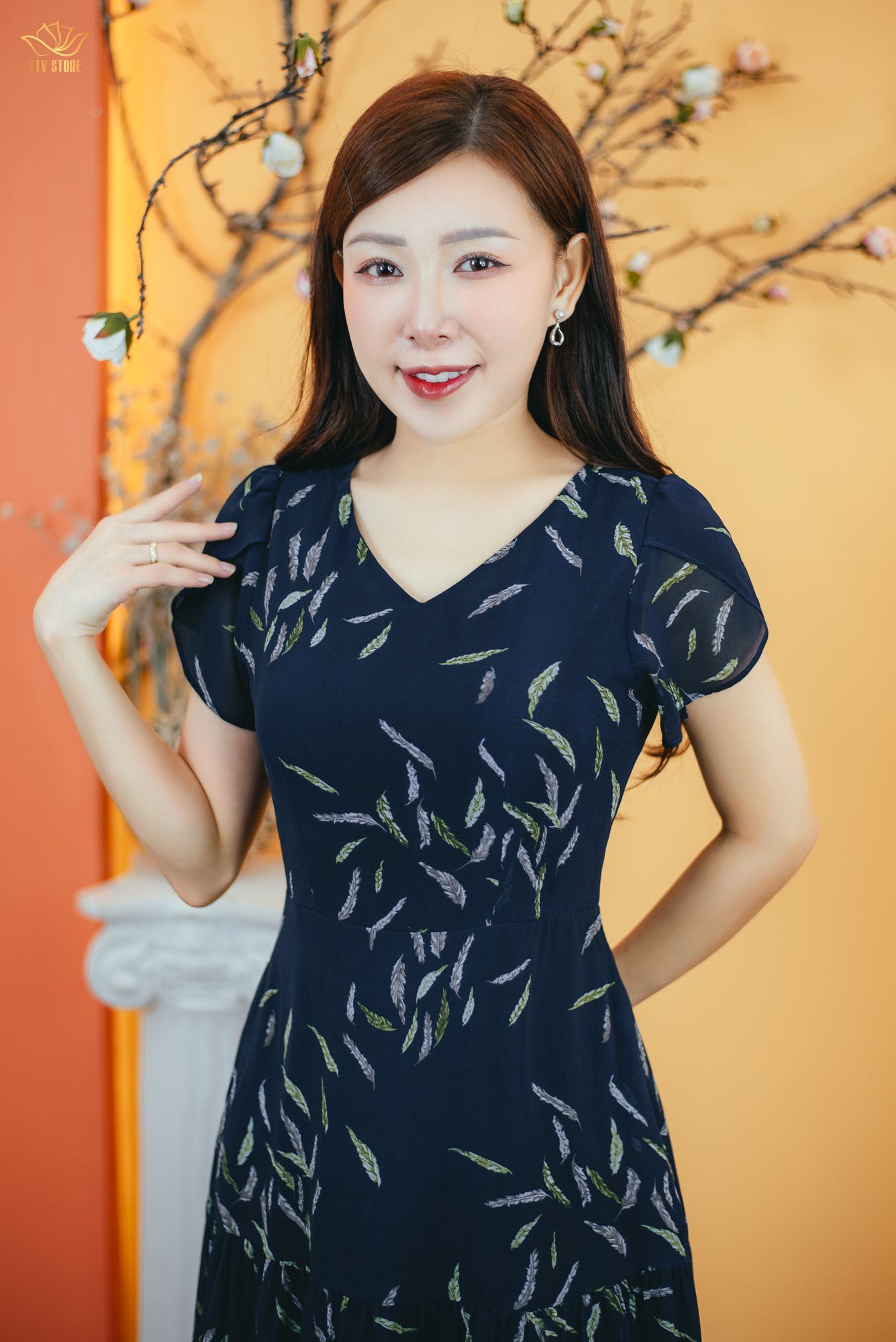 Đầm maxi - Cổ tim tay búp - CD - Xanh họa tiết - TTV1676