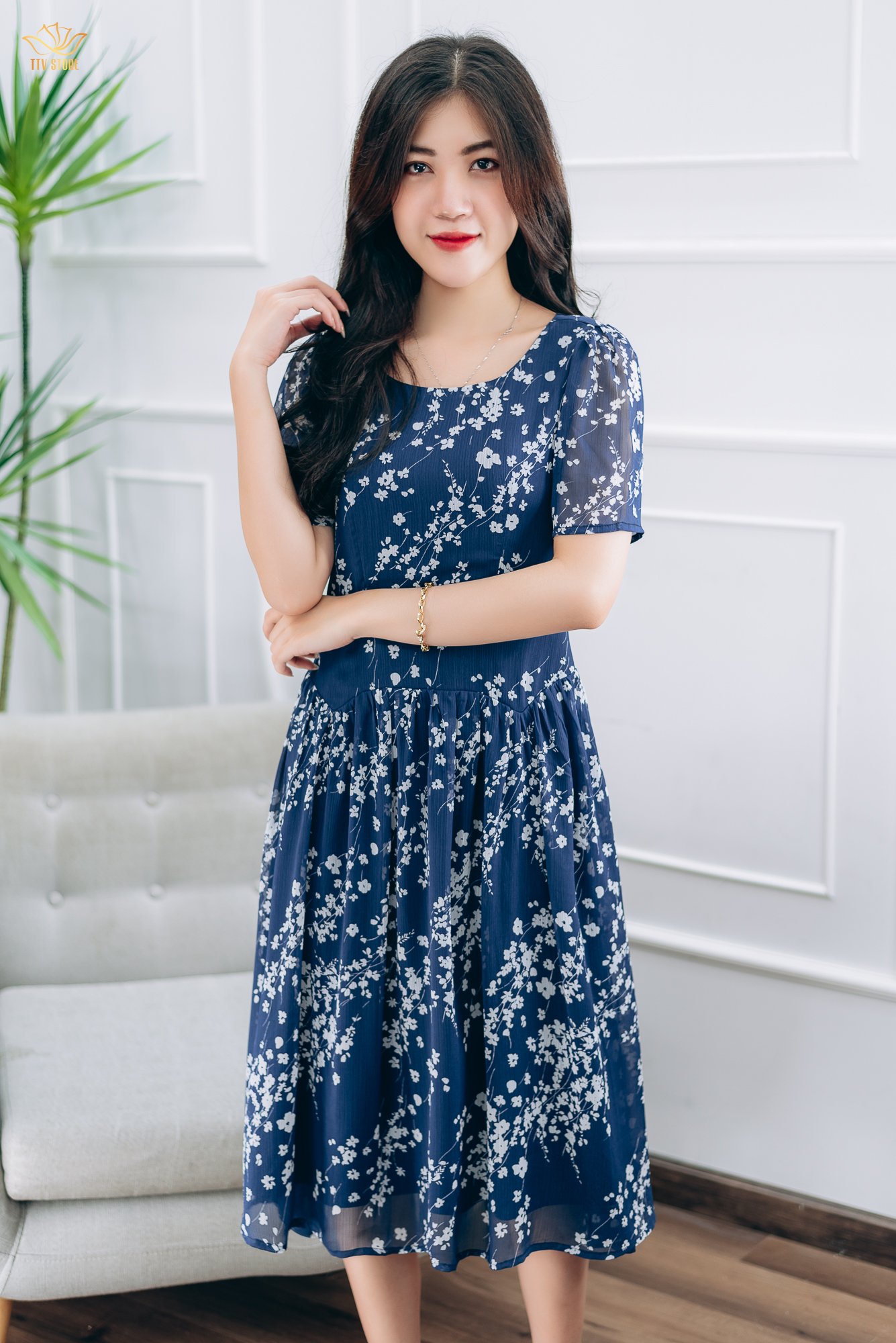 Đầm maxi - Cổ tròn tay ngắn - CT - Xanh hoa trắng - TTV1424