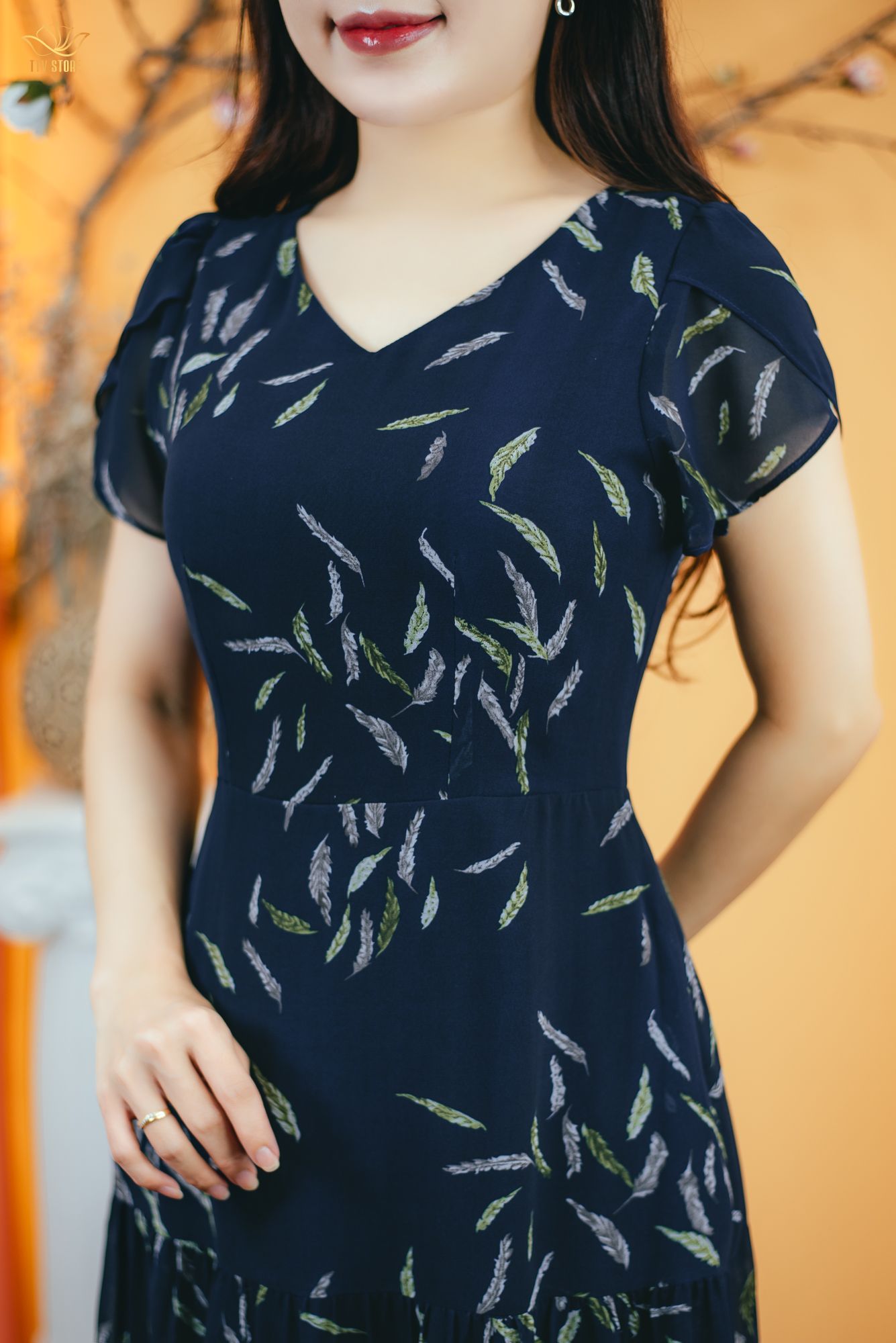 Đầm maxi - Cổ tim tay búp - CD - Xanh họa tiết - TTV1676