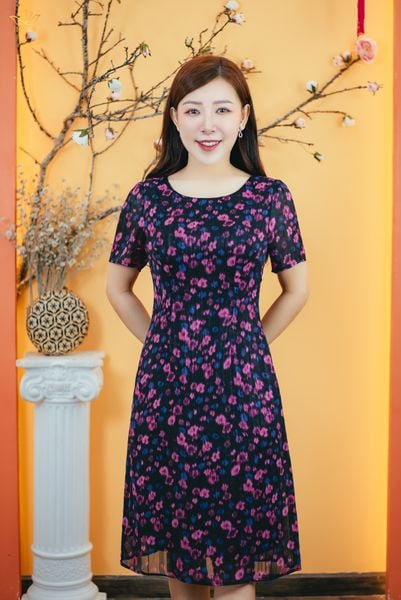 Đầm suông - Cổ tròn tay ngắn - CD - Đen hoa tím - TTV1680