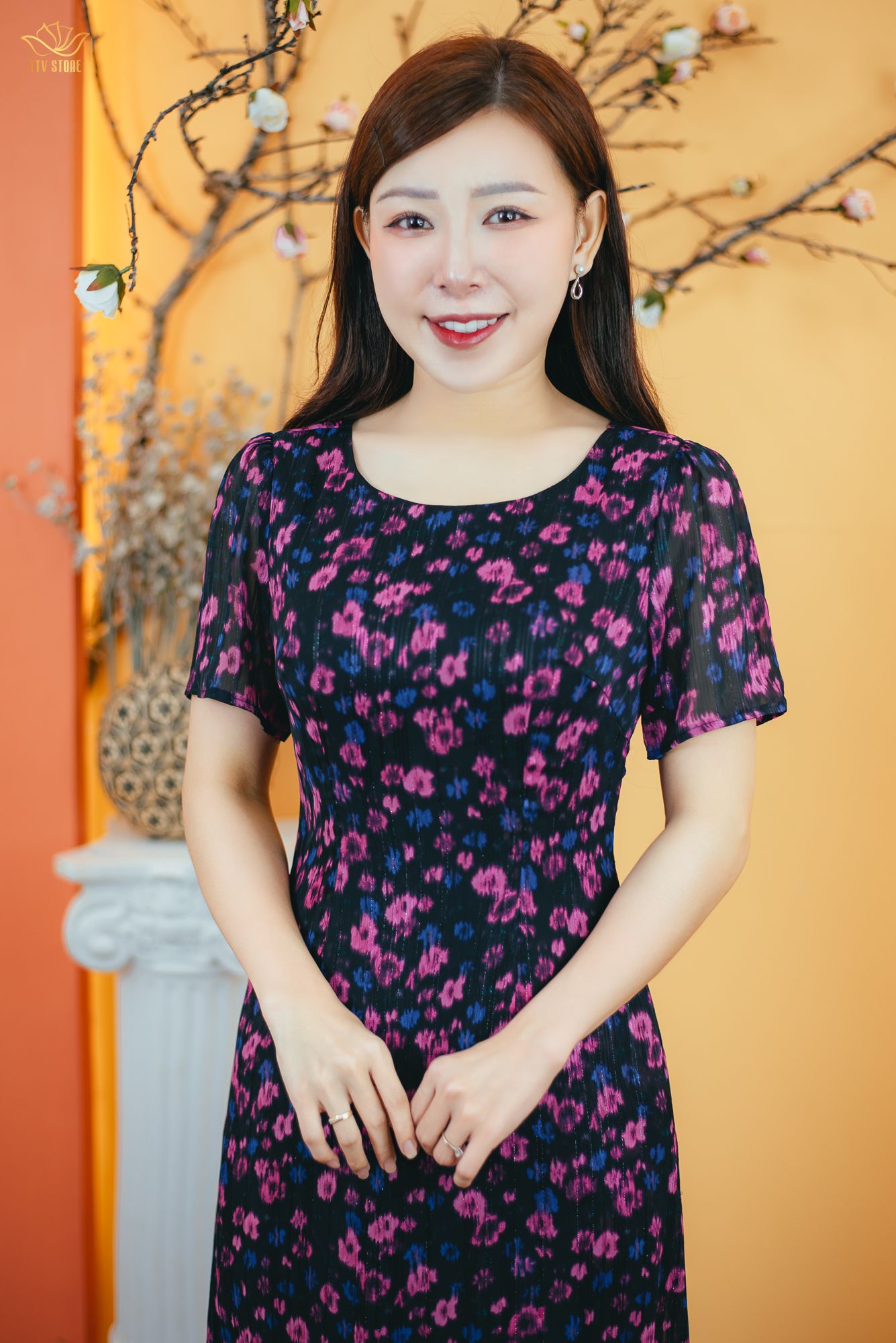 Đầm suông - Cổ tròn tay ngắn - CD - Đen hoa tím - TTV1680