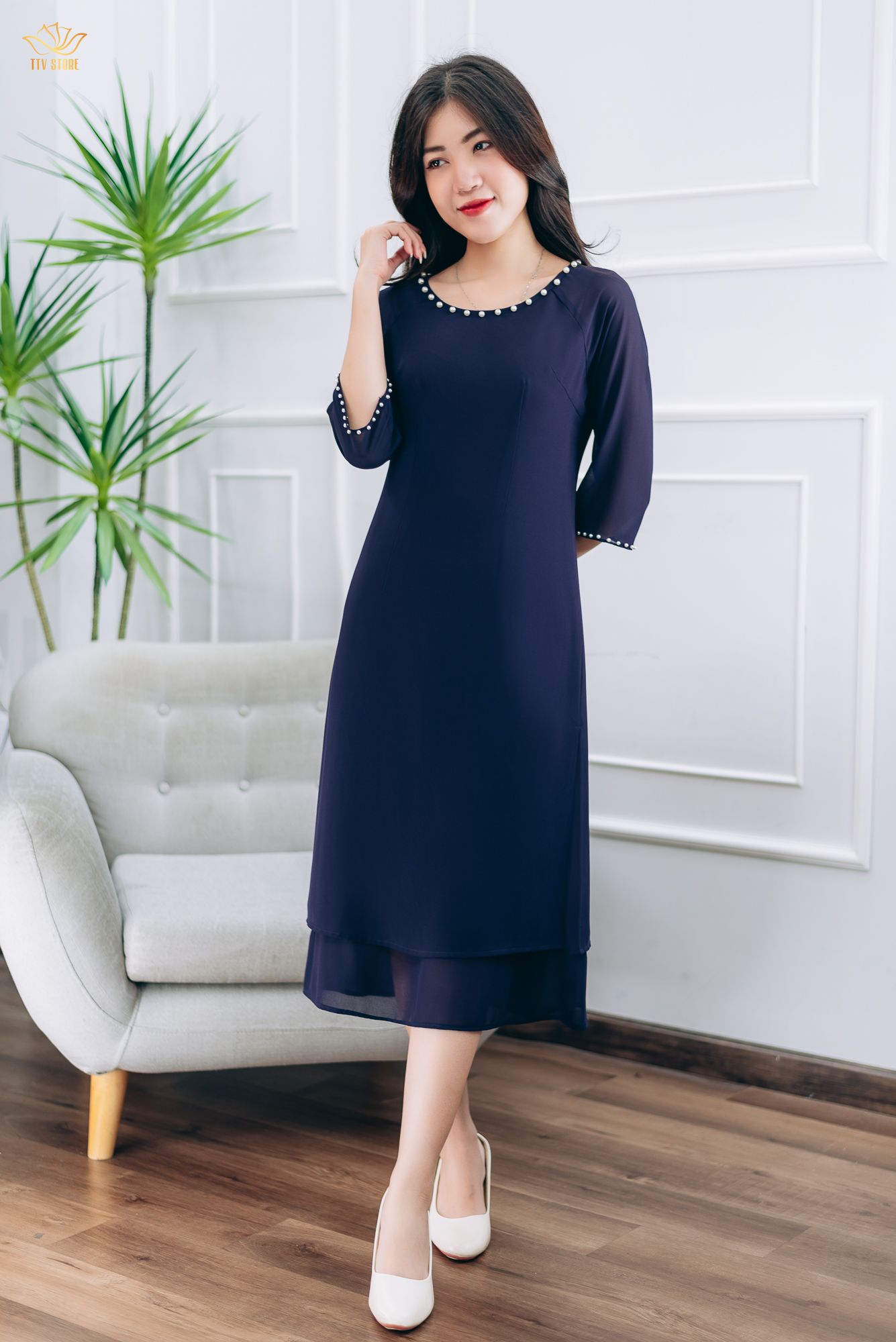 Áo dài cách tân - Cổ tròn kết ngọc tay lỡ - CD - Xanh tím - TTV1404