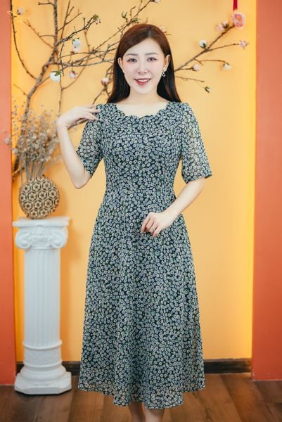 Đầm maxi - Cổ sóng nước tay ngắn - CV - Đen hoa nhí - TTV1681