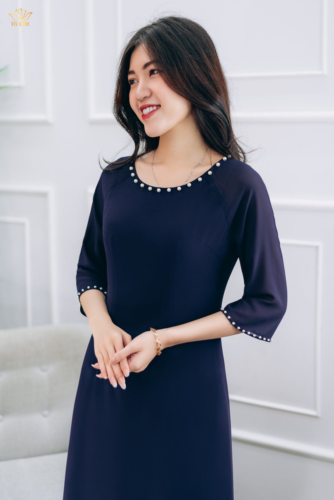 Áo dài cách tân - Cổ tròn kết ngọc tay lỡ - CD - Xanh tím - TTV1404