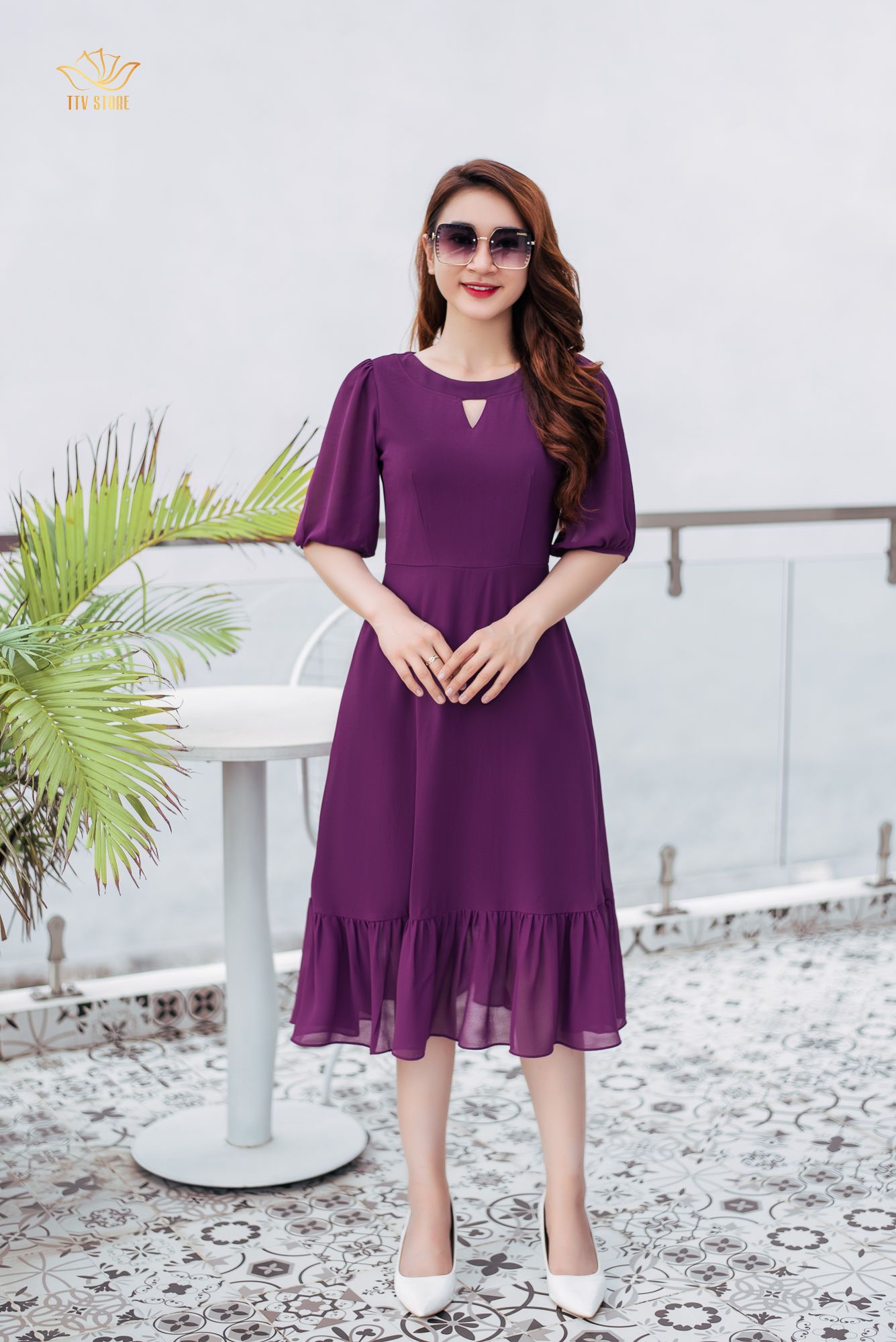 Đầm xoè - Cổ tròn khoét V tay lỡ - CT - Tím huế - TTV1111