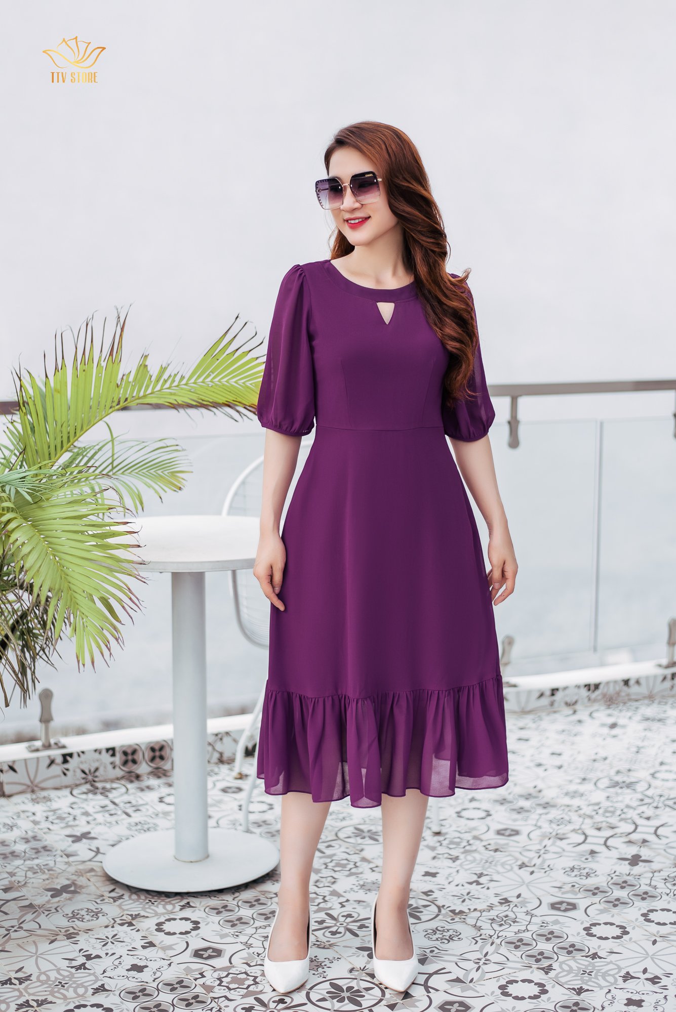 Đầm xoè - Cổ tròn khoét V tay lỡ - CT - Tím huế - TTV1111