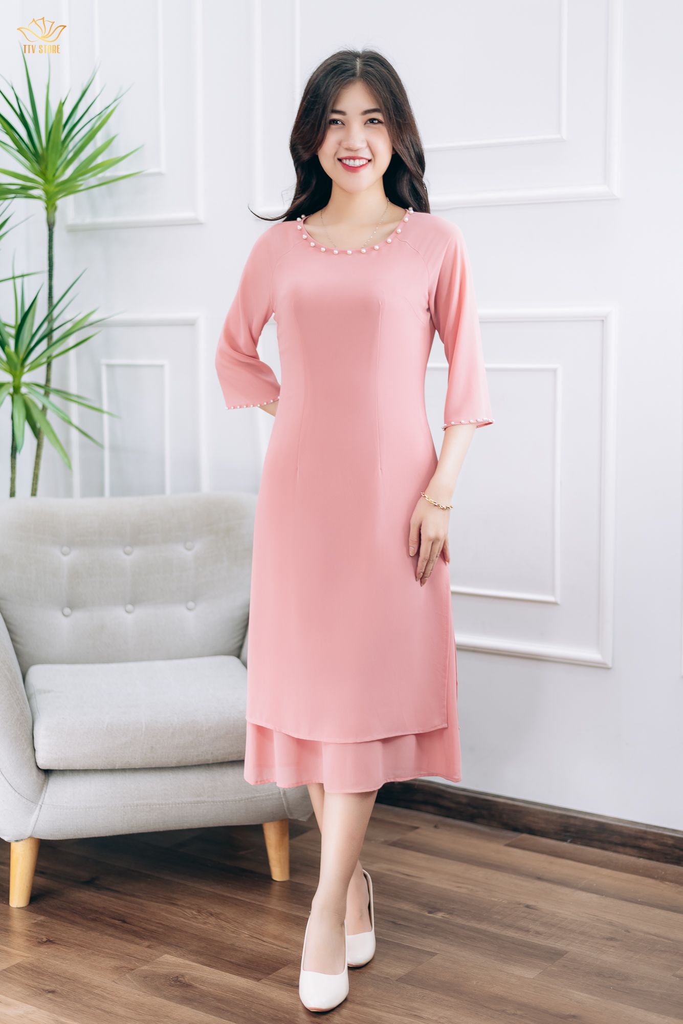 Áo dài cách tân - Cổ tròn kết ngọc tay lỡ - CD - Hồng dâu - TTV1404