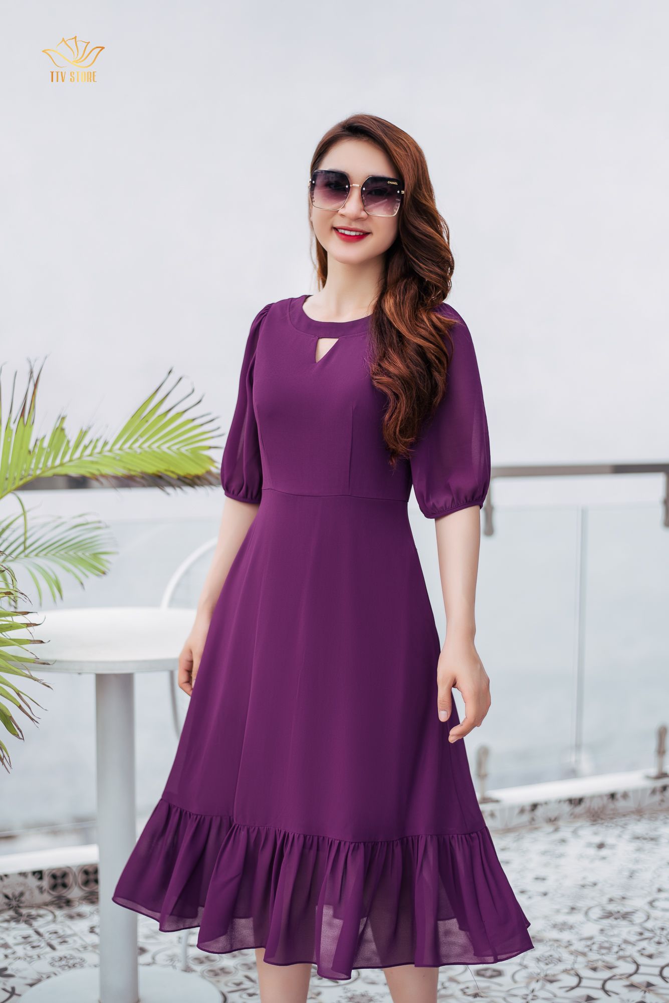Đầm xoè - Cổ tròn khoét V tay lỡ - CT - Tím huế - TTV1111
