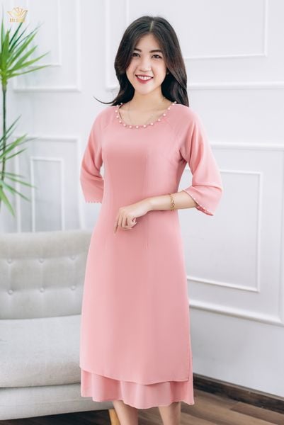 Áo dài cách tân - Cổ tròn kết ngọc tay lỡ - CD - Hồng dâu - TTV1404