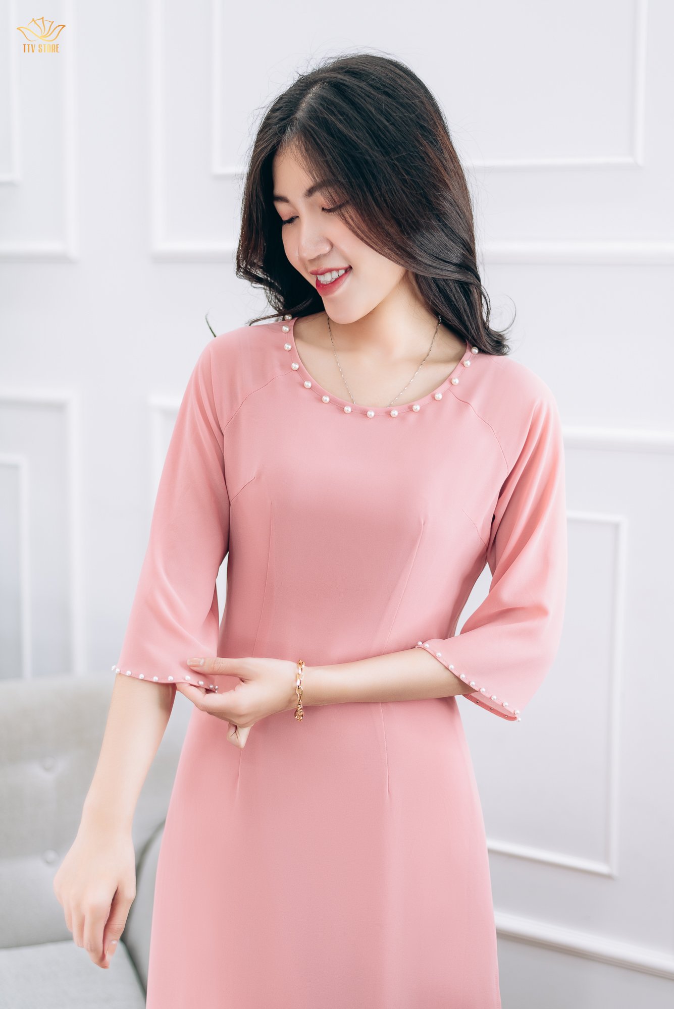 Áo dài cách tân - Cổ tròn kết ngọc tay lỡ - CD - Hồng dâu - TTV1404
