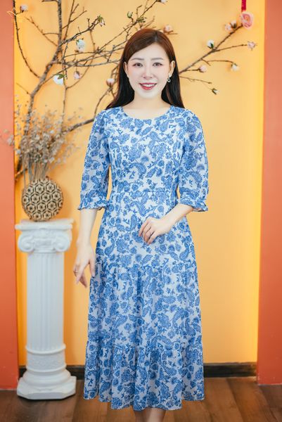 Đầm maxi - Cổ tròn tay lỡ - CD - Trắng hoa xanh - TTV1685