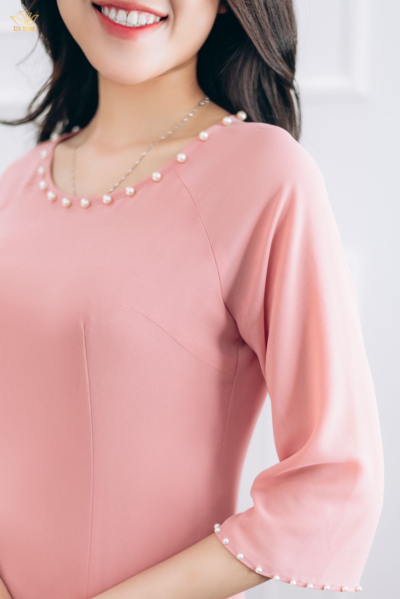 Áo dài cách tân - Cổ tròn kết ngọc tay lỡ - CD - Hồng dâu - TTV1404