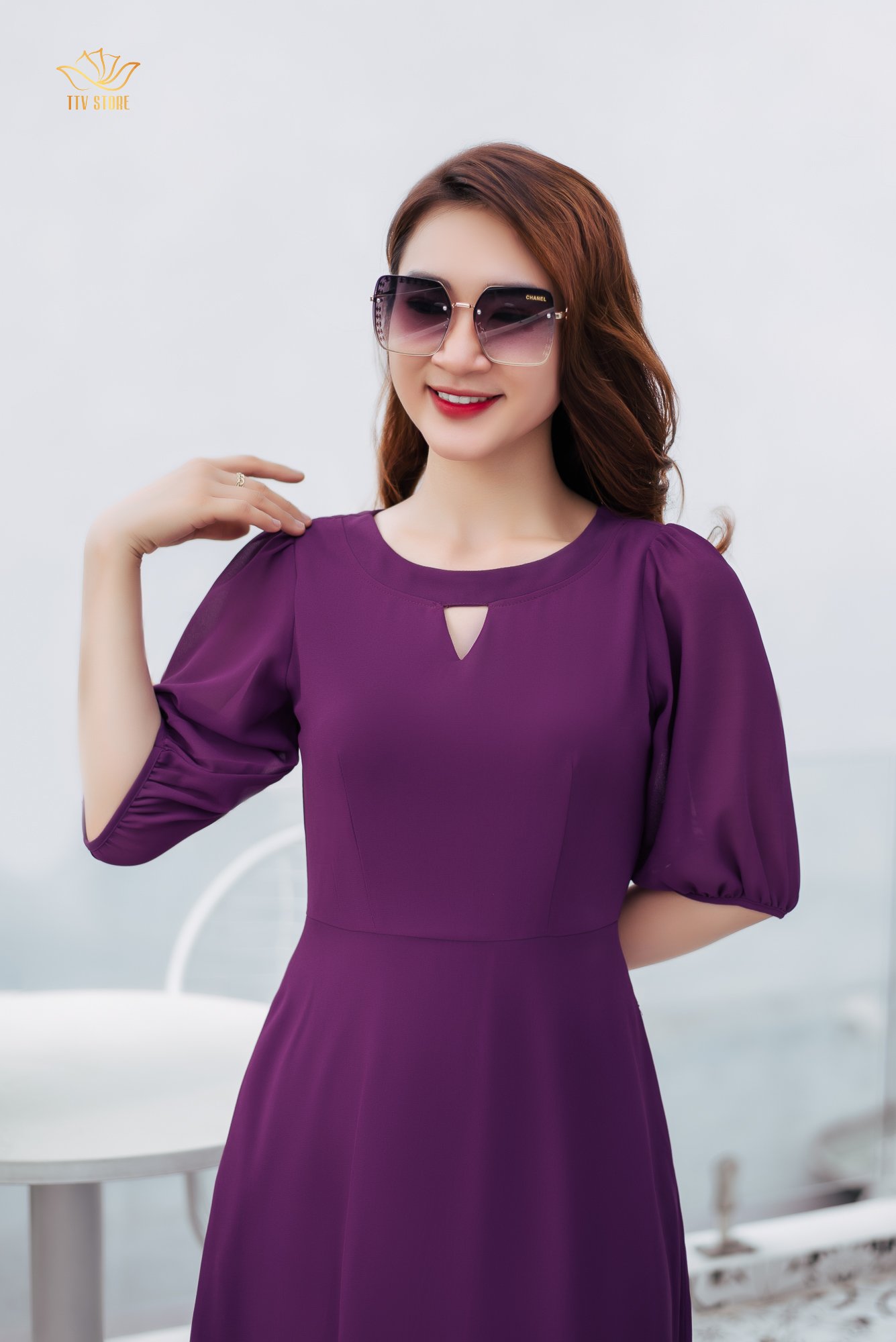 Đầm xoè - Cổ tròn khoét V tay lỡ - CT - Tím huế - TTV1111
