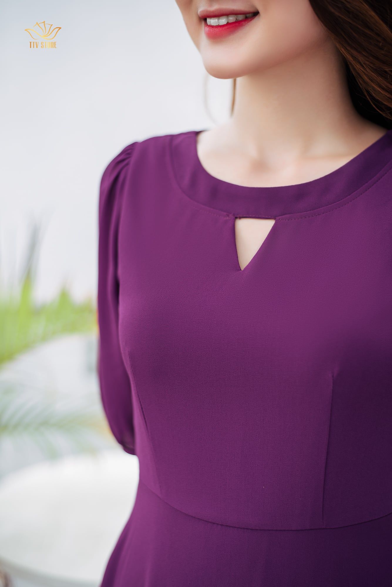 Đầm xoè - Cổ tròn khoét V tay lỡ - CT - Tím huế - TTV1111