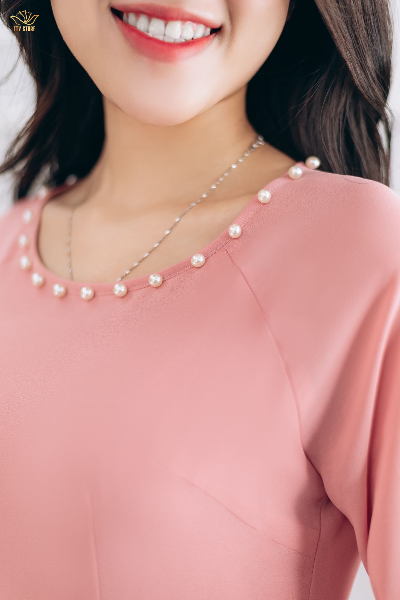 Áo dài cách tân - Cổ tròn kết ngọc tay lỡ - CD - Hồng dâu - TTV1404