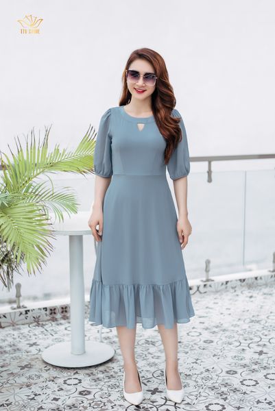 Đầm xoè - Cổ tròn khoét V tay lỡ - CT - Xanh xám - TTV1111
