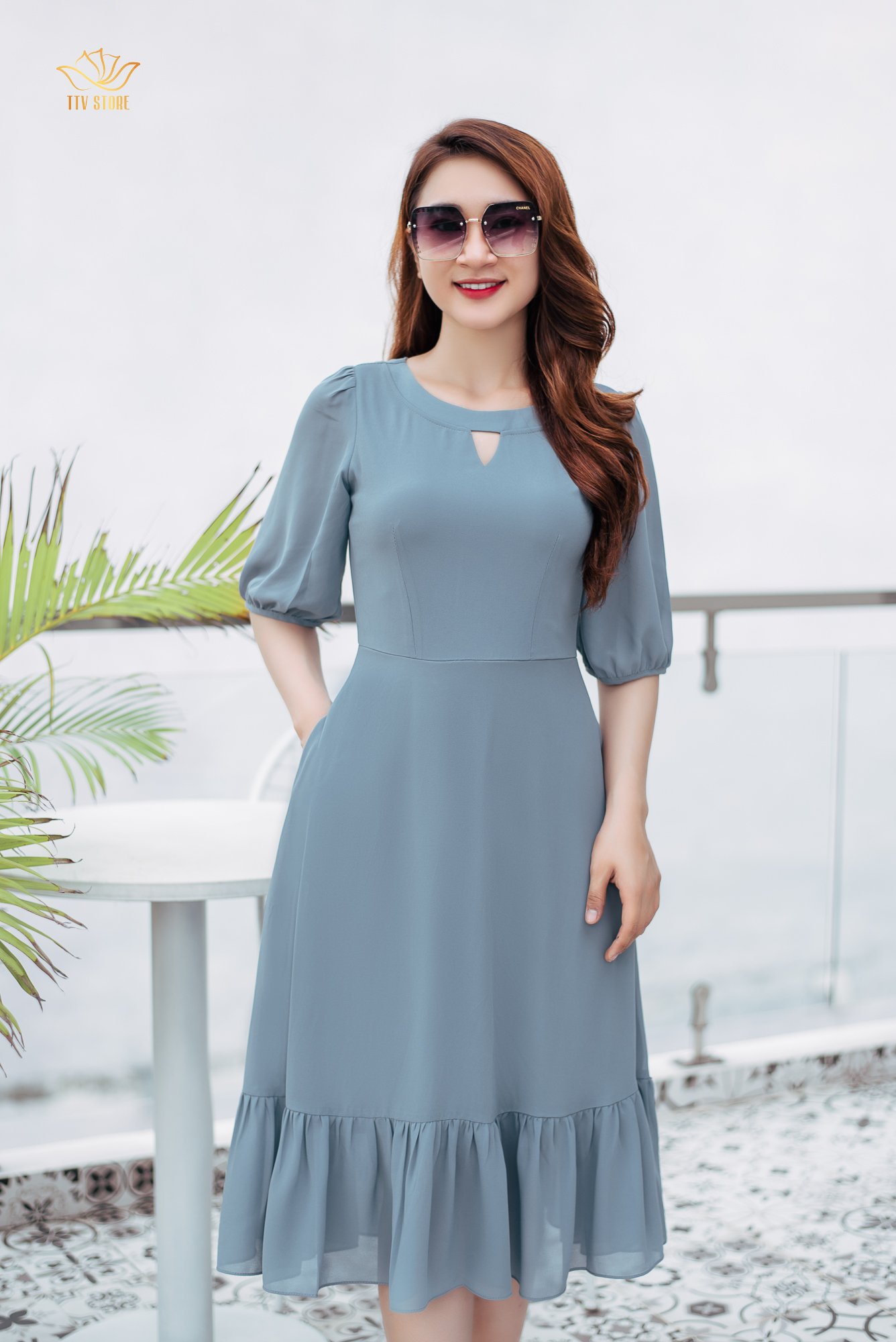 Đầm xoè - Cổ tròn khoét V tay lỡ - CT - Xanh xám - TTV1111