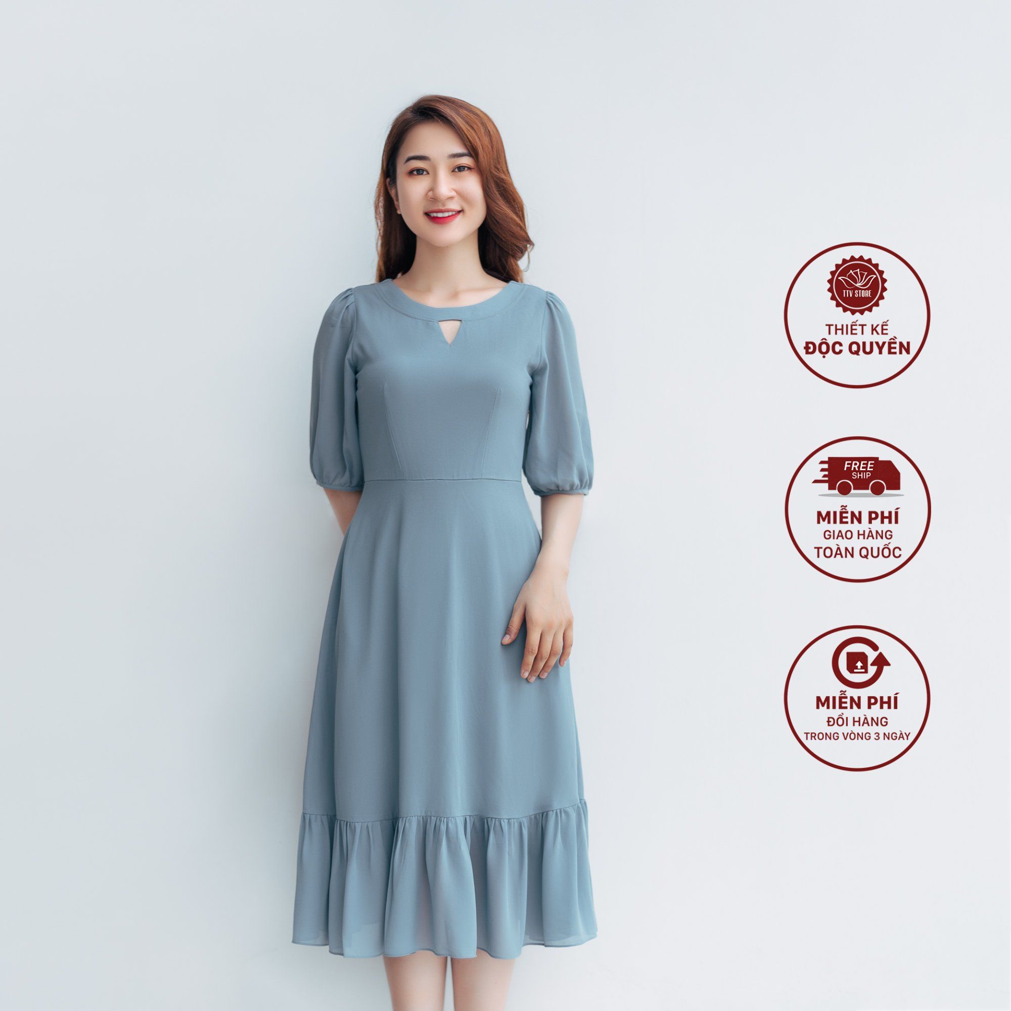 Đầm xoè - Cổ tròn khoét V tay lỡ - CT - Xanh xám - TTV1111