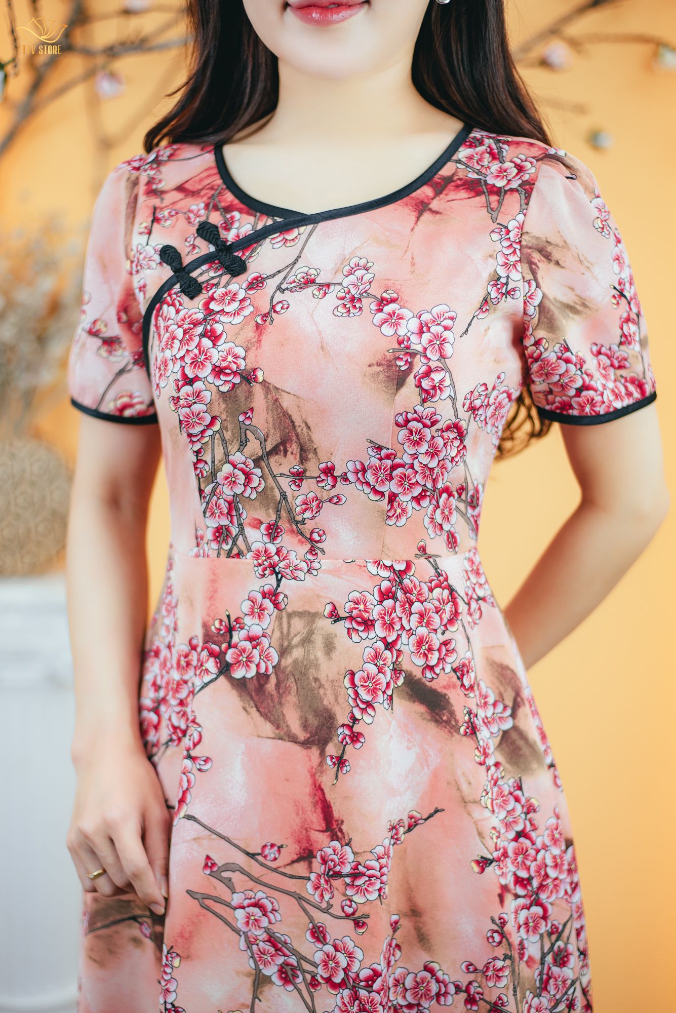 Đầm xòe - Cổ tròn nút thắt tàu tay ngắn - CD - Cam hoa đỏ - TTV1707