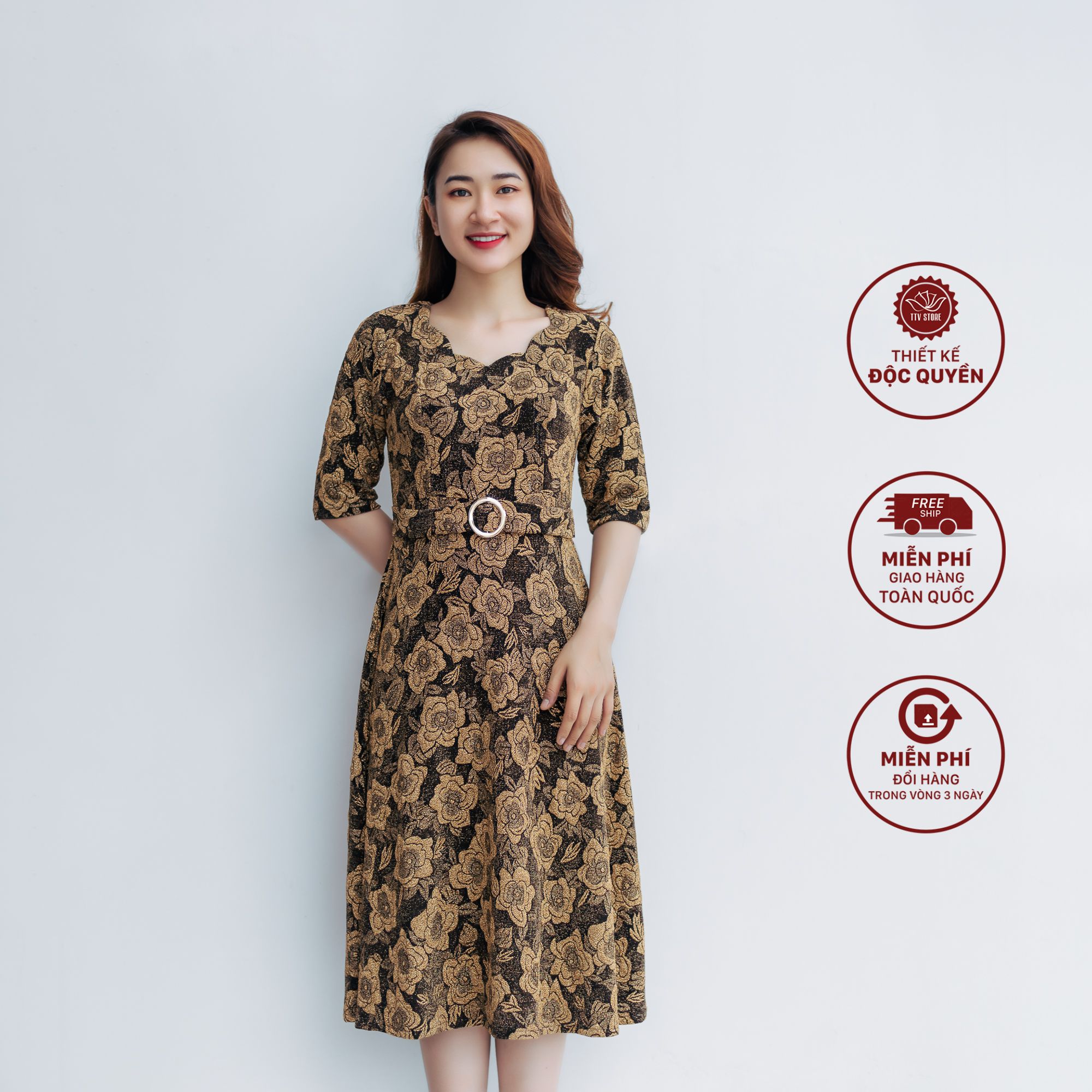 Đầm xoè - Cổ sóng nước tay lỡ - Đen vàng - TTV1095