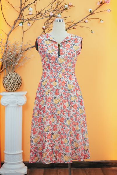 Đầm xòe - Cổ cánh én cách điệu tay sát nách - CV - Cam hoa - TTV1708