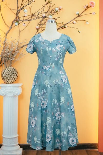 Đầm xòe - Cổ tim sóng nước kết nút tay búp - CT - Xanh ngọc hoa - TTV1714