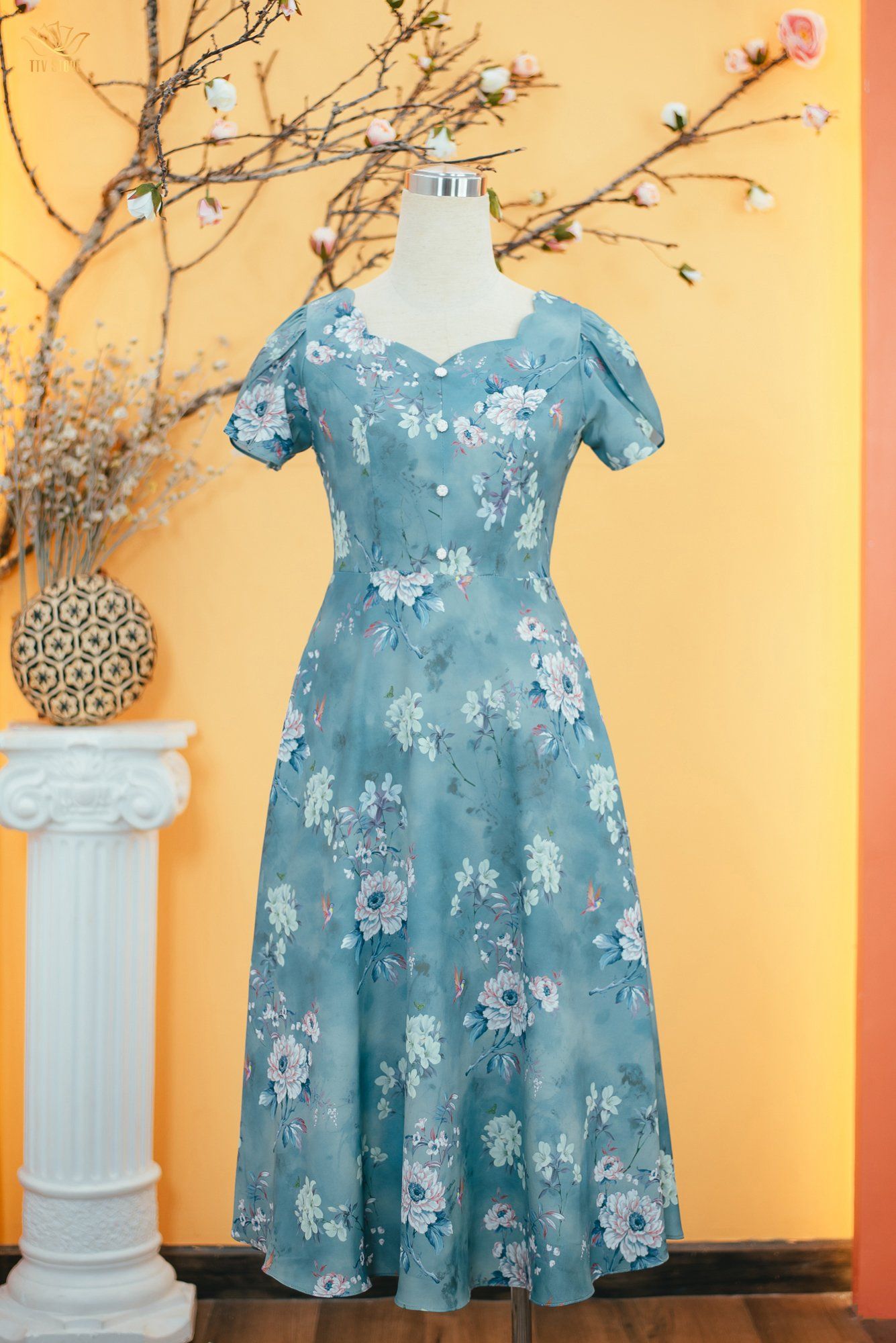 Đầm xòe - Cổ tim sóng nước kết nút tay búp - CT - Xanh ngọc hoa - TTV1714