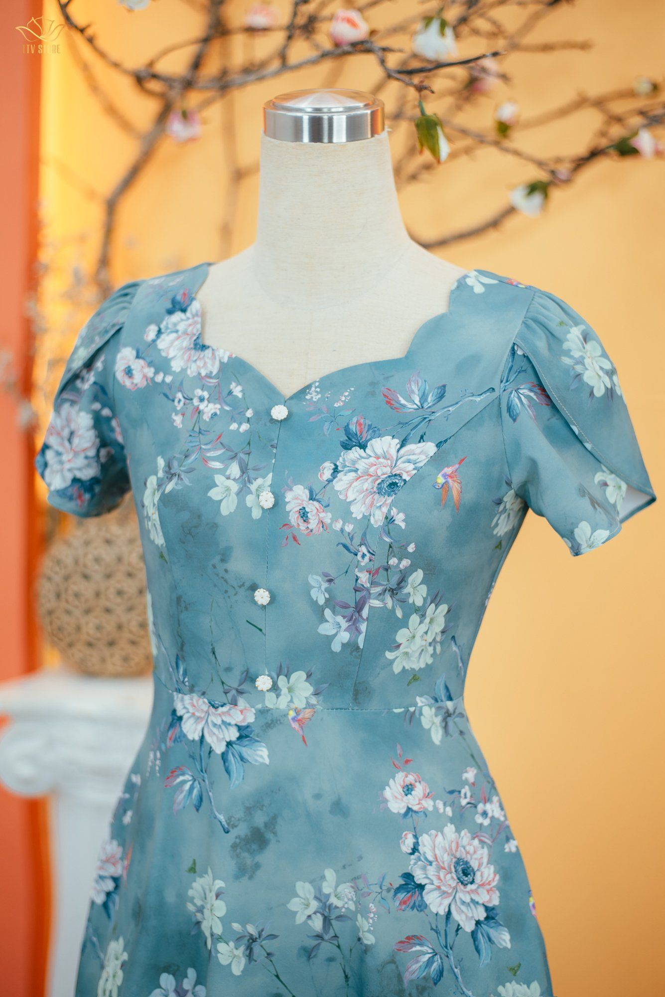 Đầm xòe - Cổ tim sóng nước kết nút tay búp - CT - Xanh ngọc hoa - TTV1714