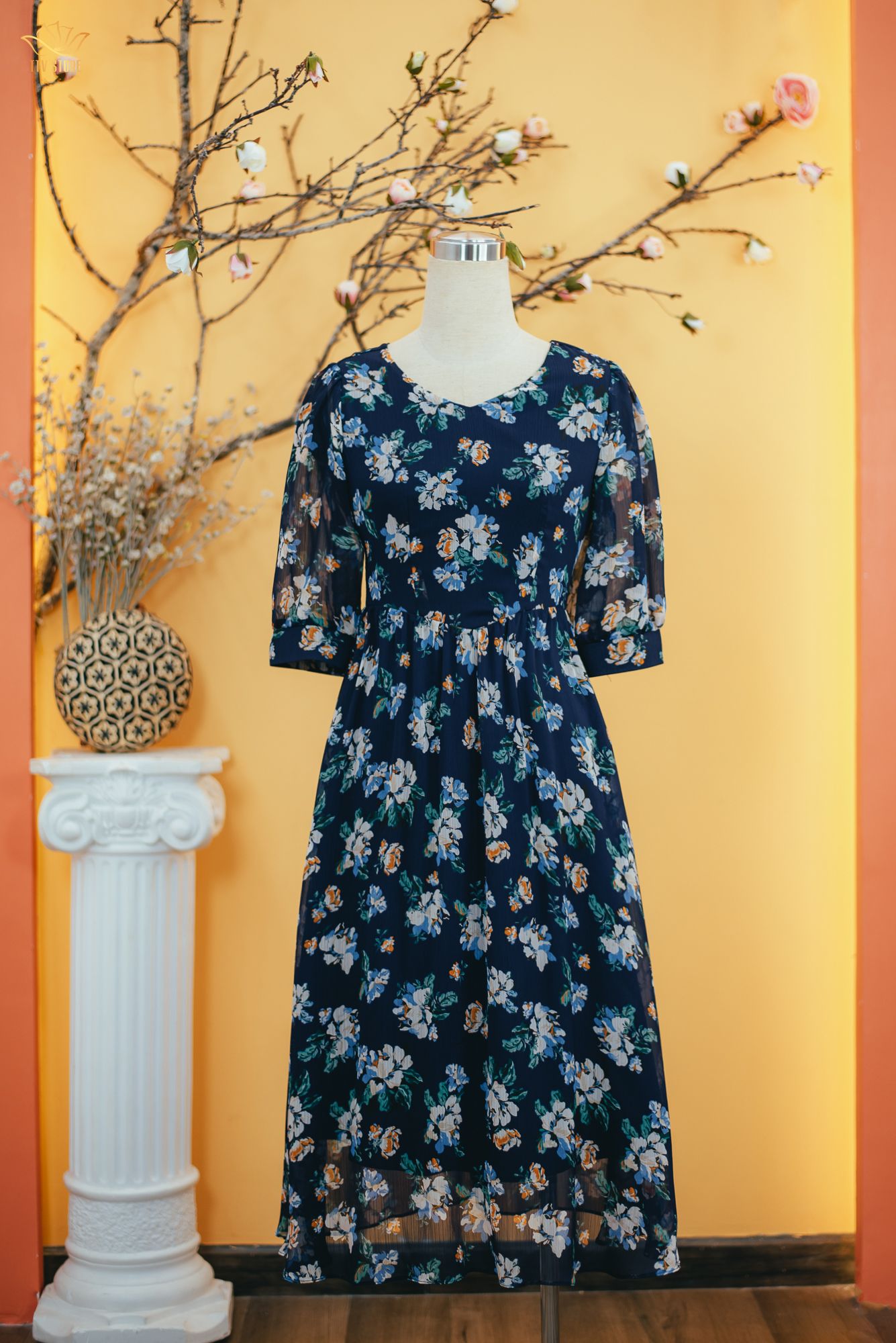 Đầm xòe - Cổ tim tay lỡ - CT - Xanh hoa - TTV1722