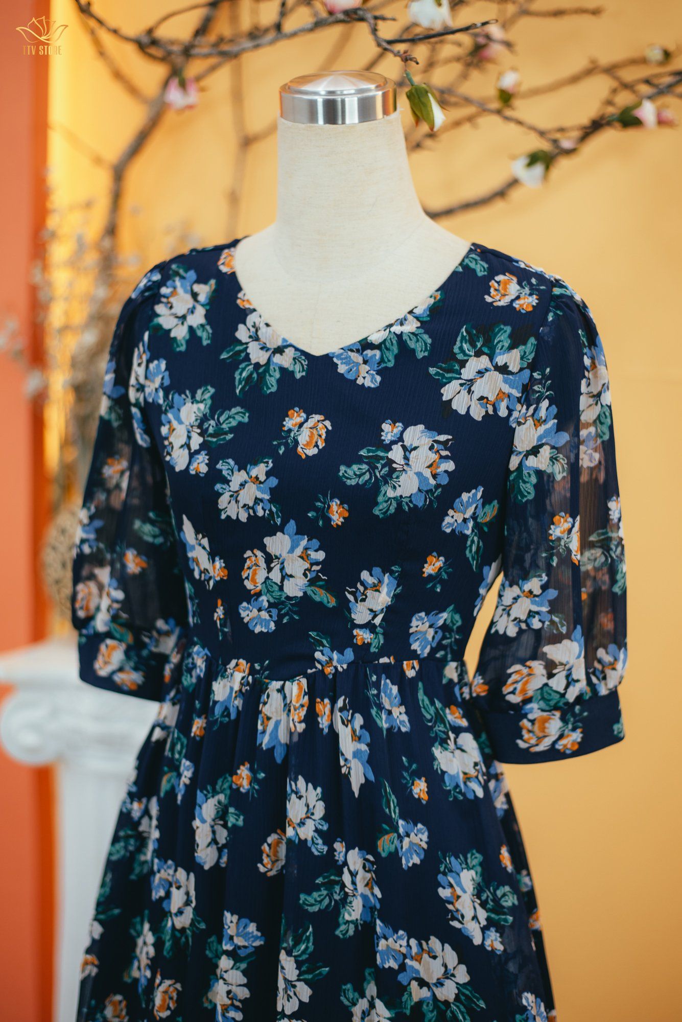 Đầm xòe - Cổ tim tay lỡ - CT - Xanh hoa - TTV1722