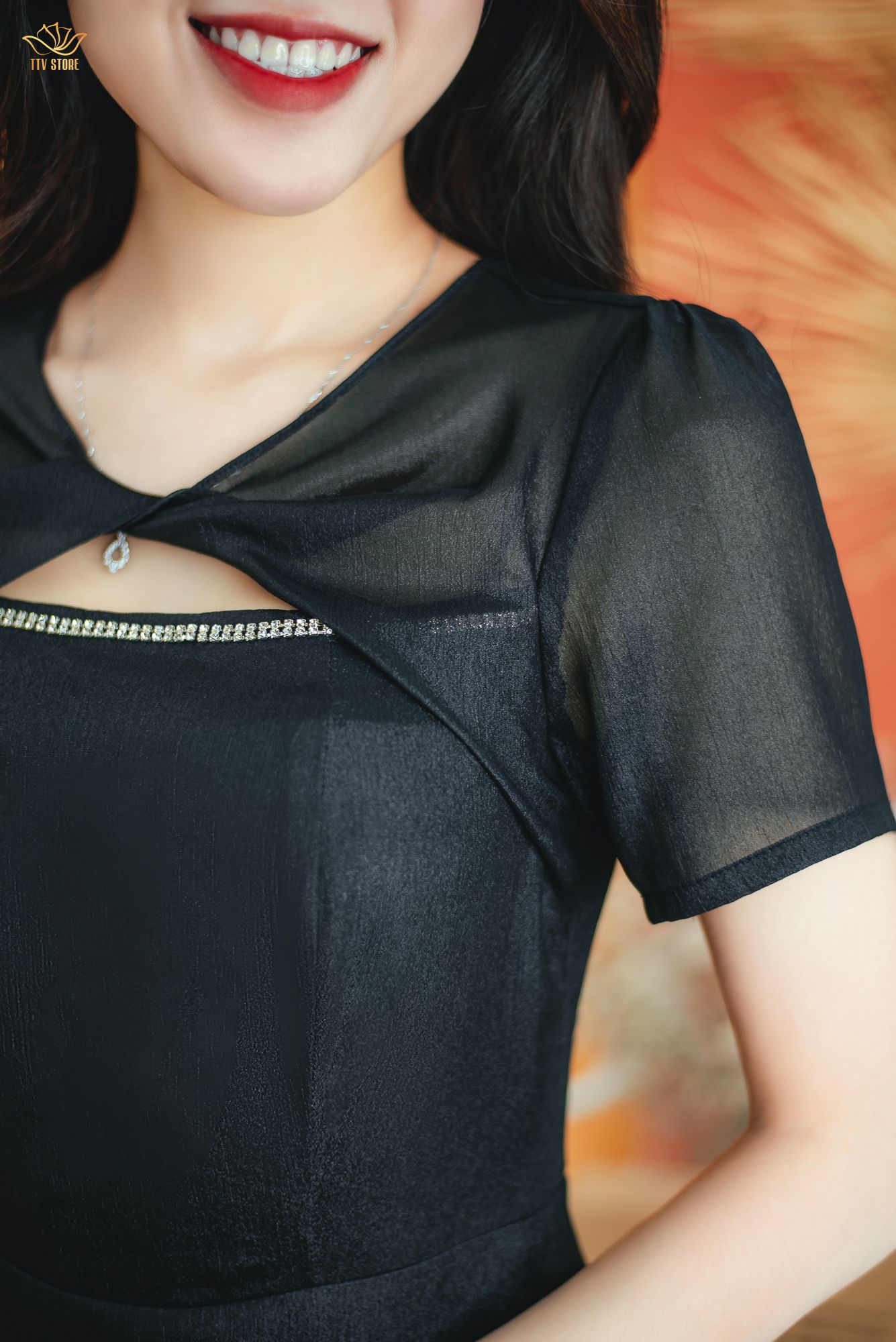 Đầm xòe - Cổ nơ đính đá tay ngắn - CQ - Đen - TTV1417