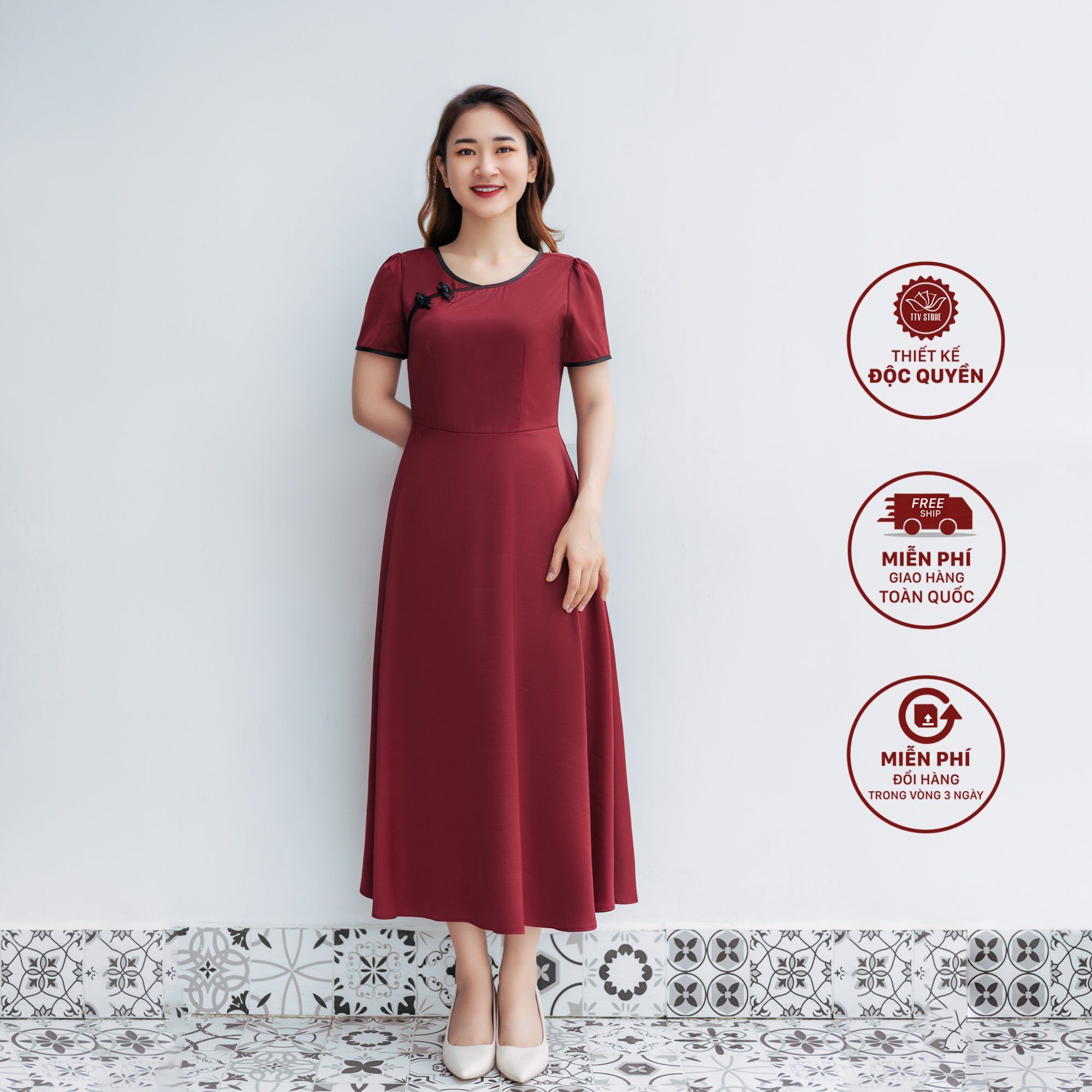 Maxi - Cổ tròn tay ngắn - CD - Đỏ đô - TTV1177