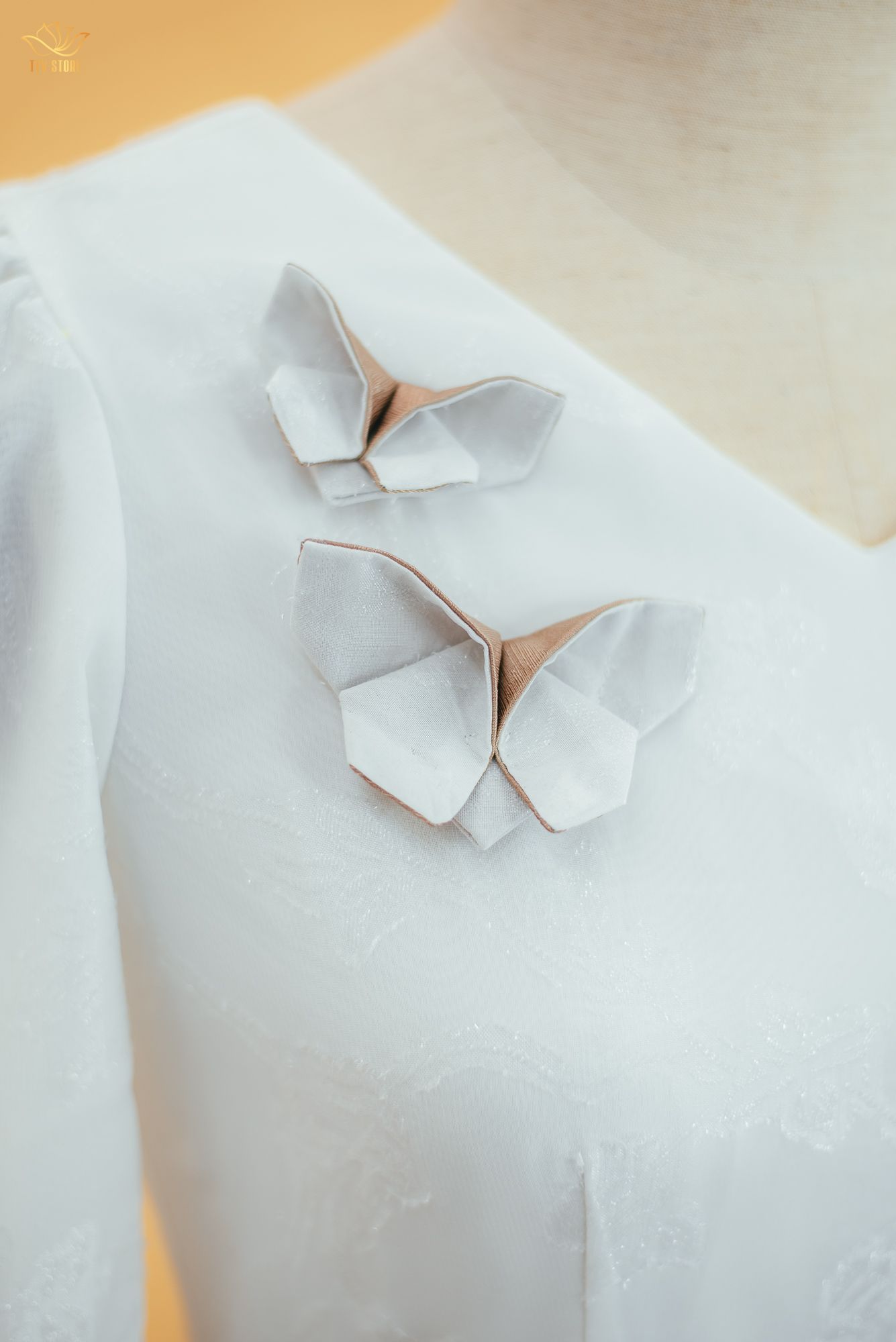 Đầm xòe - Cổ tim kết hoa hồ điệp tay lỡ - CD - Trắng họa tiết - TTV1729