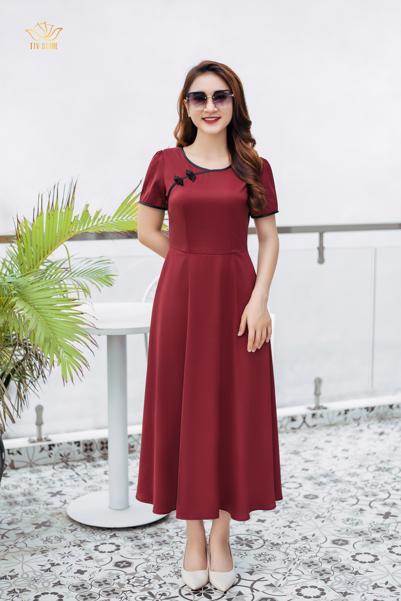 Maxi - Cổ tròn tay ngắn - CD - Đỏ đô - TTV1177