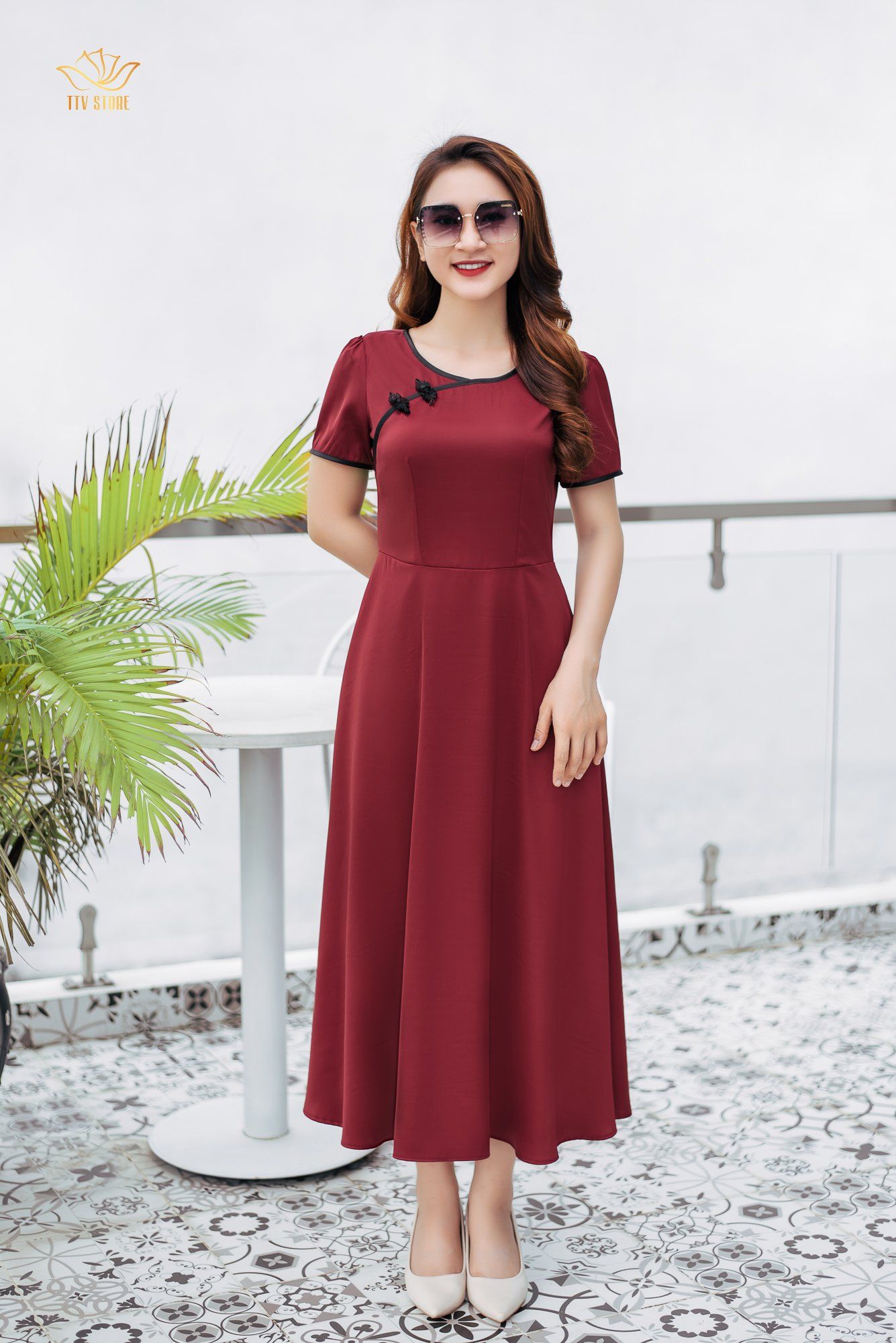Maxi - Cổ tròn tay ngắn - CD - Đỏ đô - TTV1177