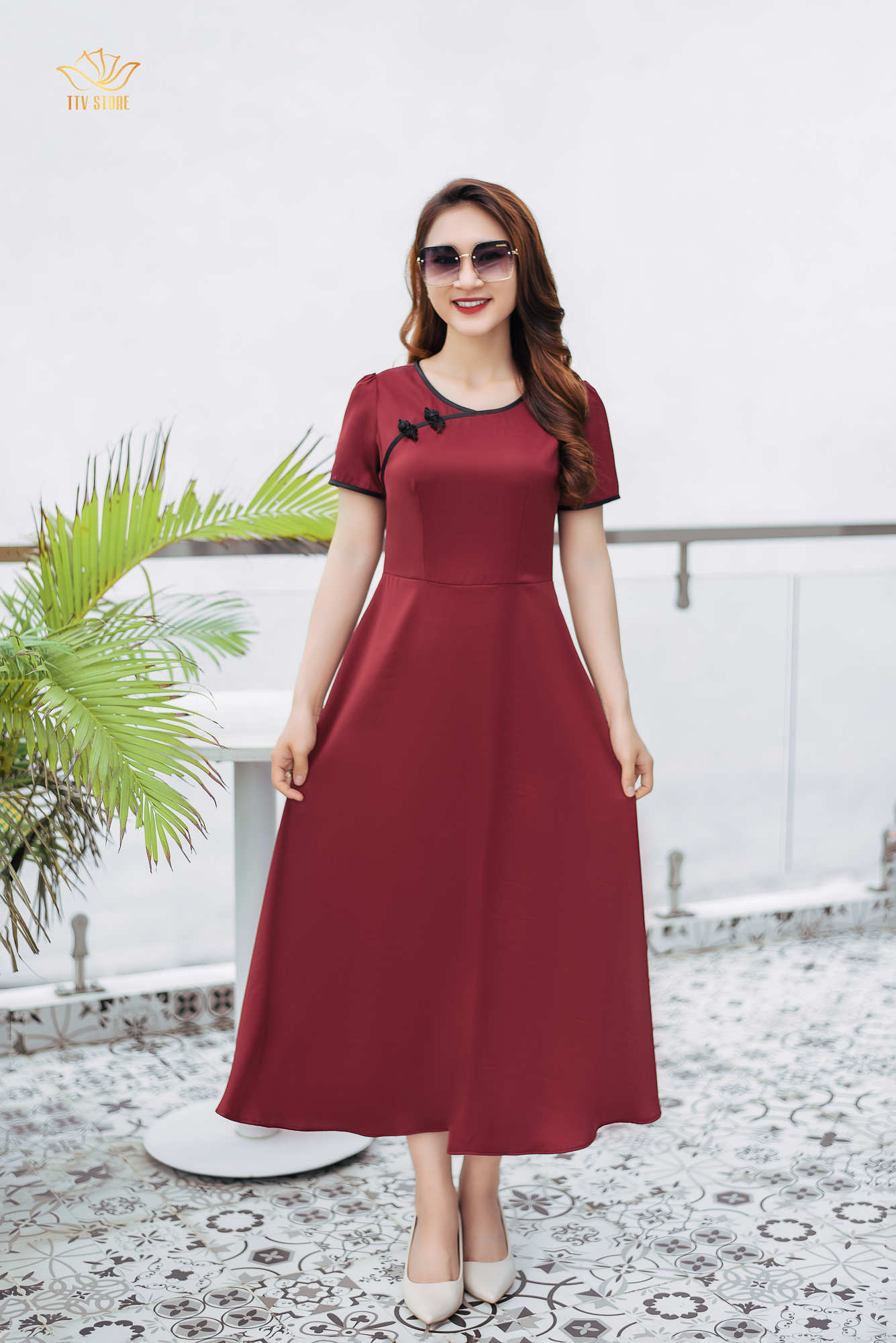 Maxi - Cổ tròn tay ngắn - CD - Đỏ đô - TTV1177