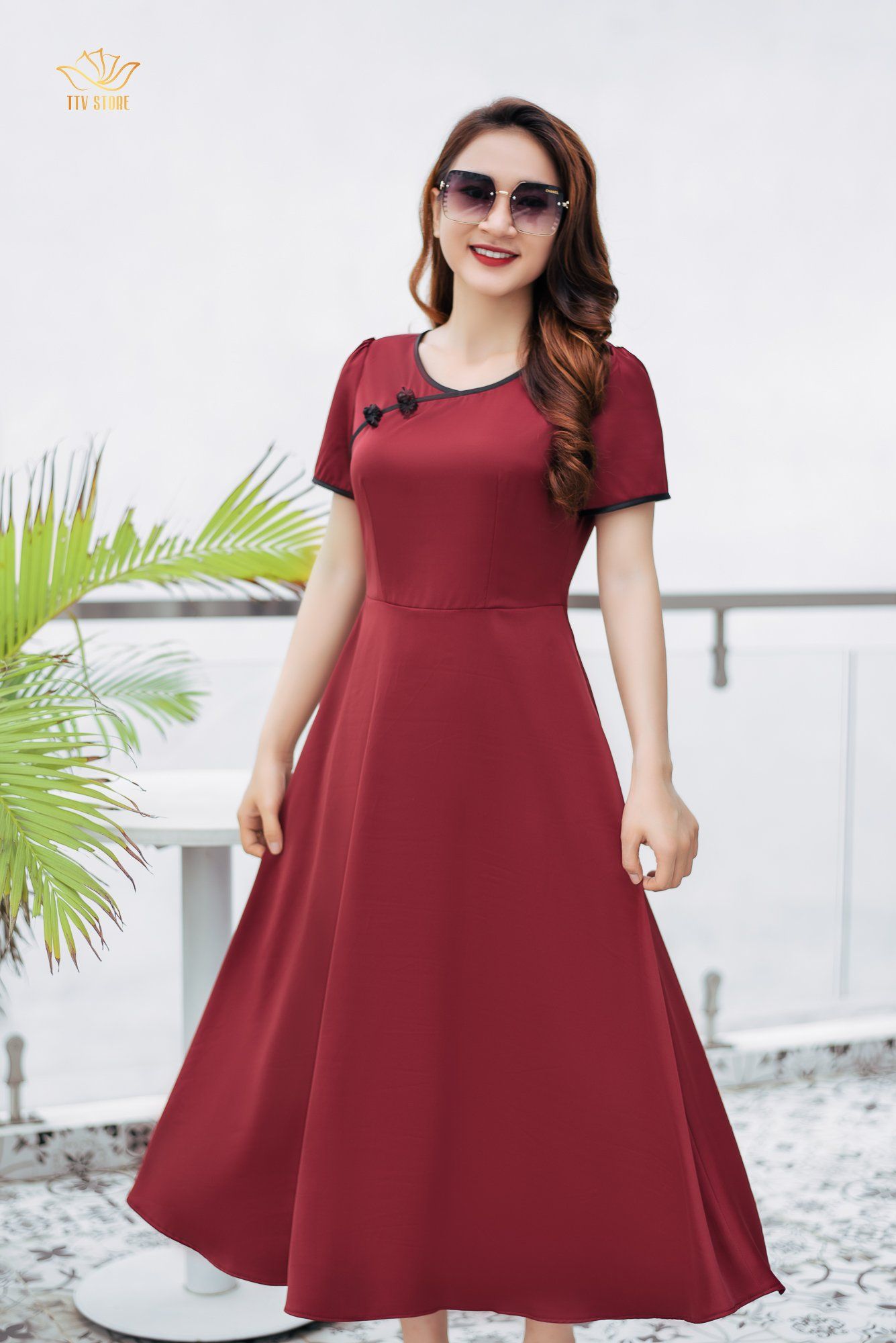 Maxi - Cổ tròn tay ngắn - CD - Đỏ đô - TTV1177